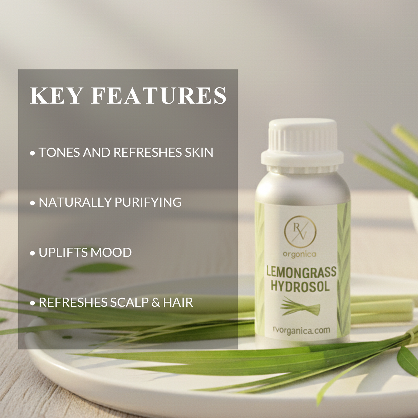 Refreshing Lemongrass Hydrosol face toner and scalp mist with citrus herbal aroma, lightweight water based multipurpose skincare product