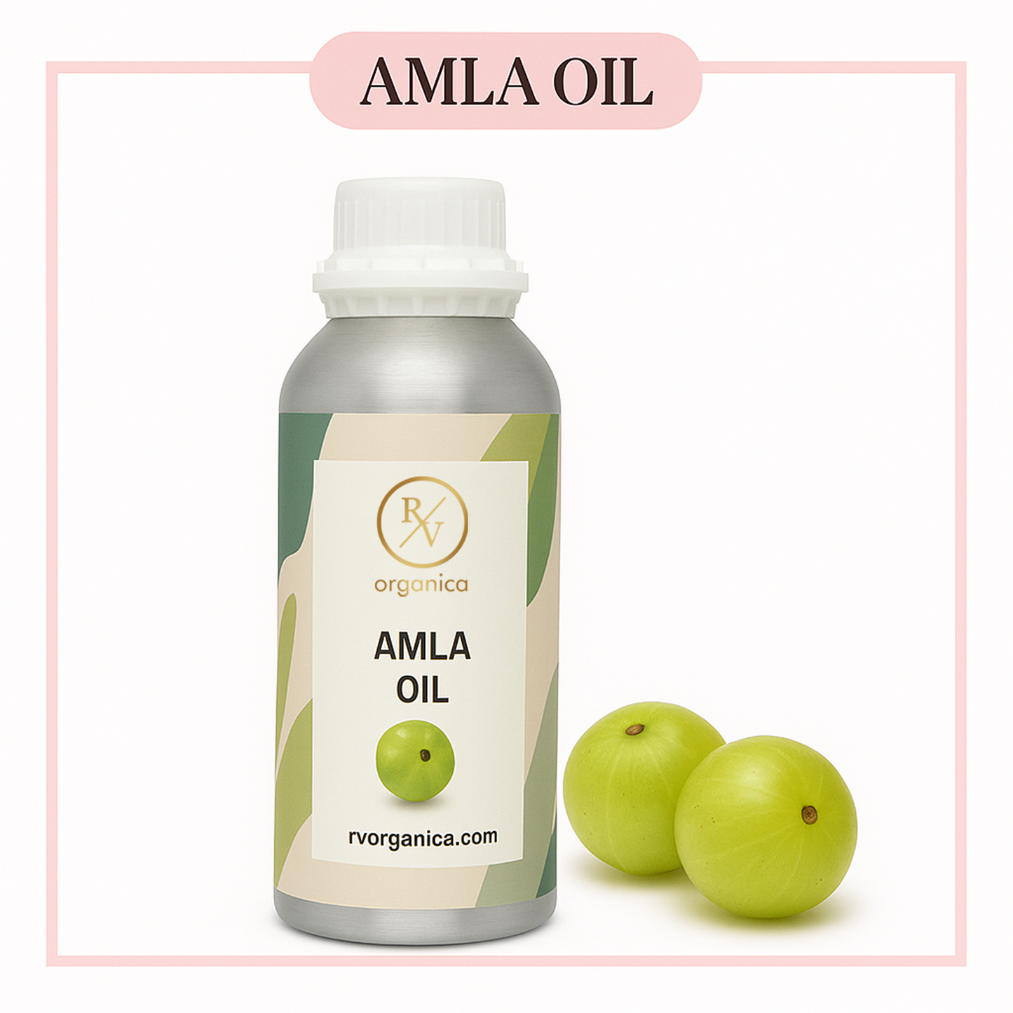 A bottle of Amla Oil with a white cap, alongside two amla fruits. The label on the bottle reads 'AMLA OIL' and has a subdomain 'rvorganica.