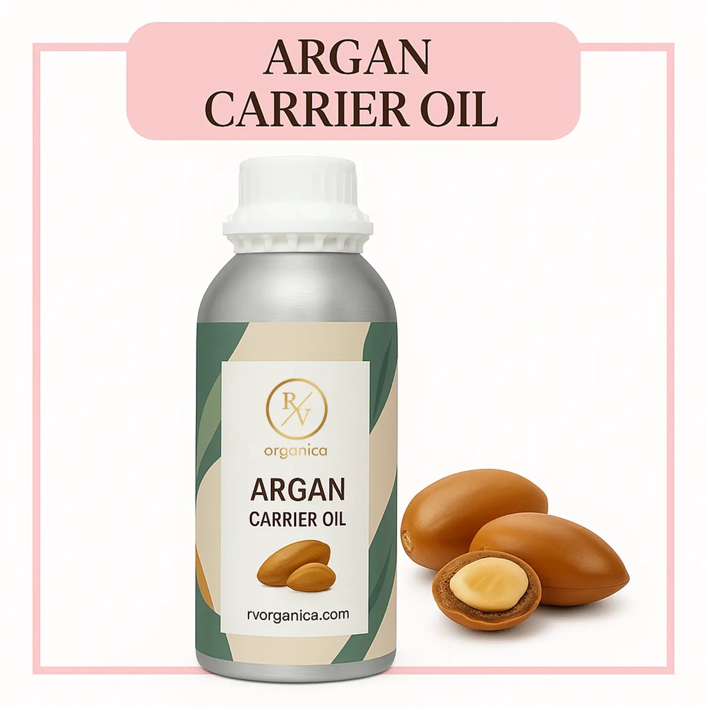 A bottle of Argan Carrier Oil with the brand name Organica visible on the label. The bottle is accompanied by images of argan nuts and seeds.