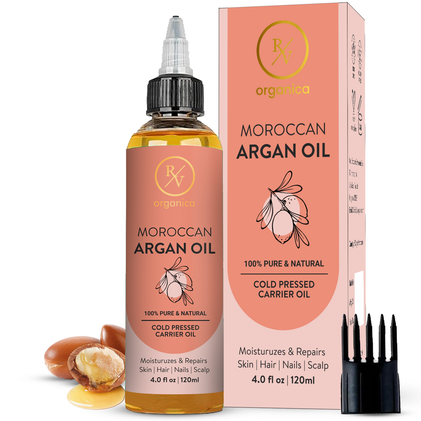 RV Organica Moroccan Argan Oil 120ml with packaging box and comb - 100% pure cold pressed carrier oil for skin, hair, nails and scalp