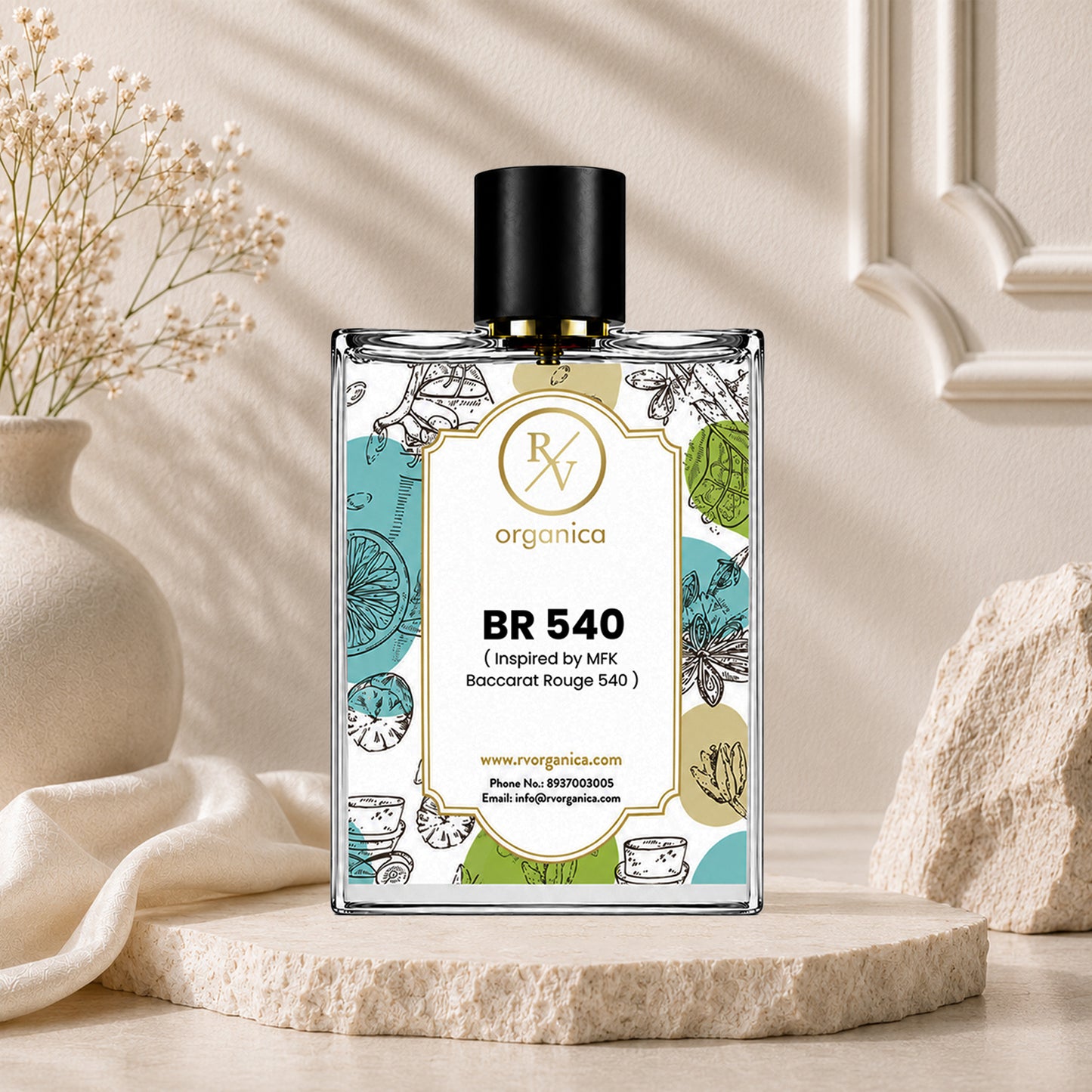 RV Organica BR 540 inspired by Baccarat Rouge 540 perfume bottle displayed on a stone pedestal with elegant beige decor and floral background.