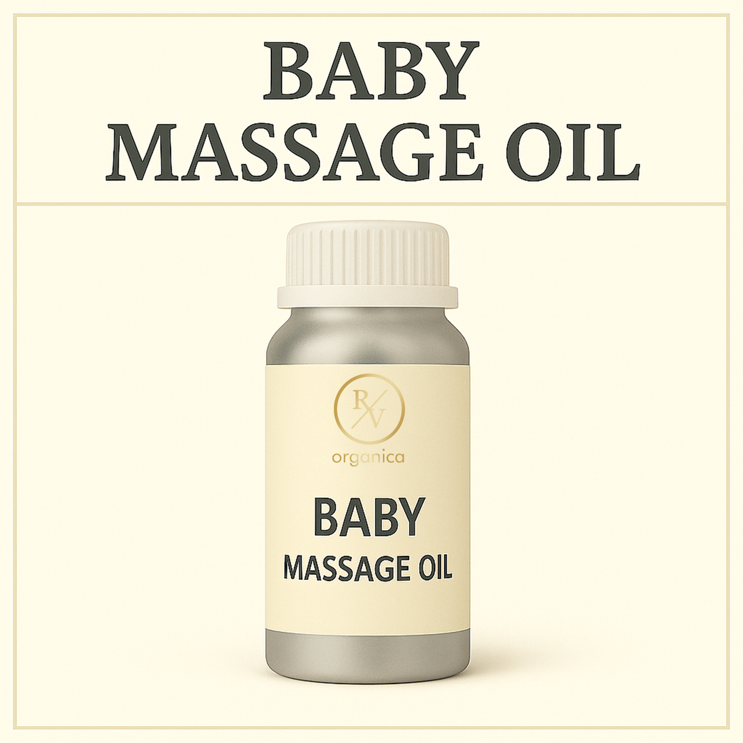 Bottle of baby massage oil with a beige label on a light background