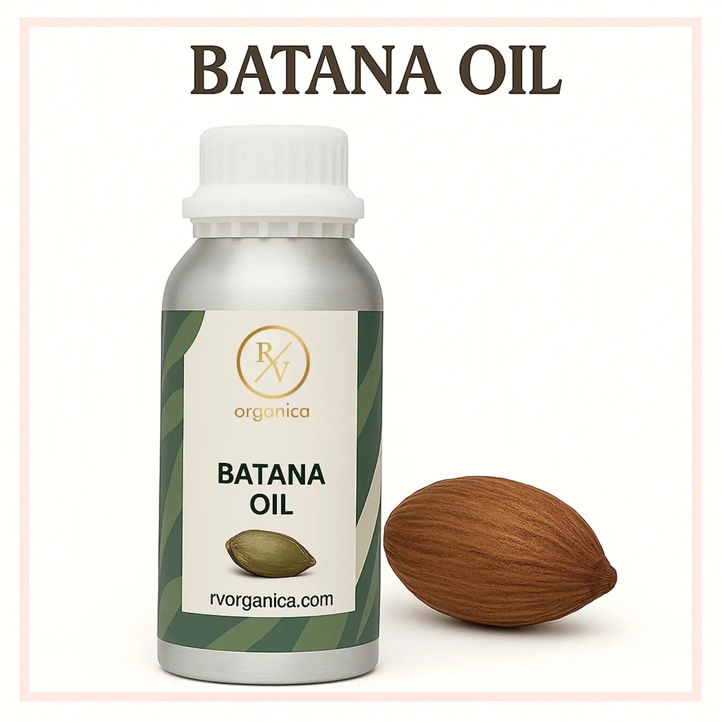 A bottle of Batana Oil with a label showing the product name and an image of a batana nut, indicating the oil's natural origin.