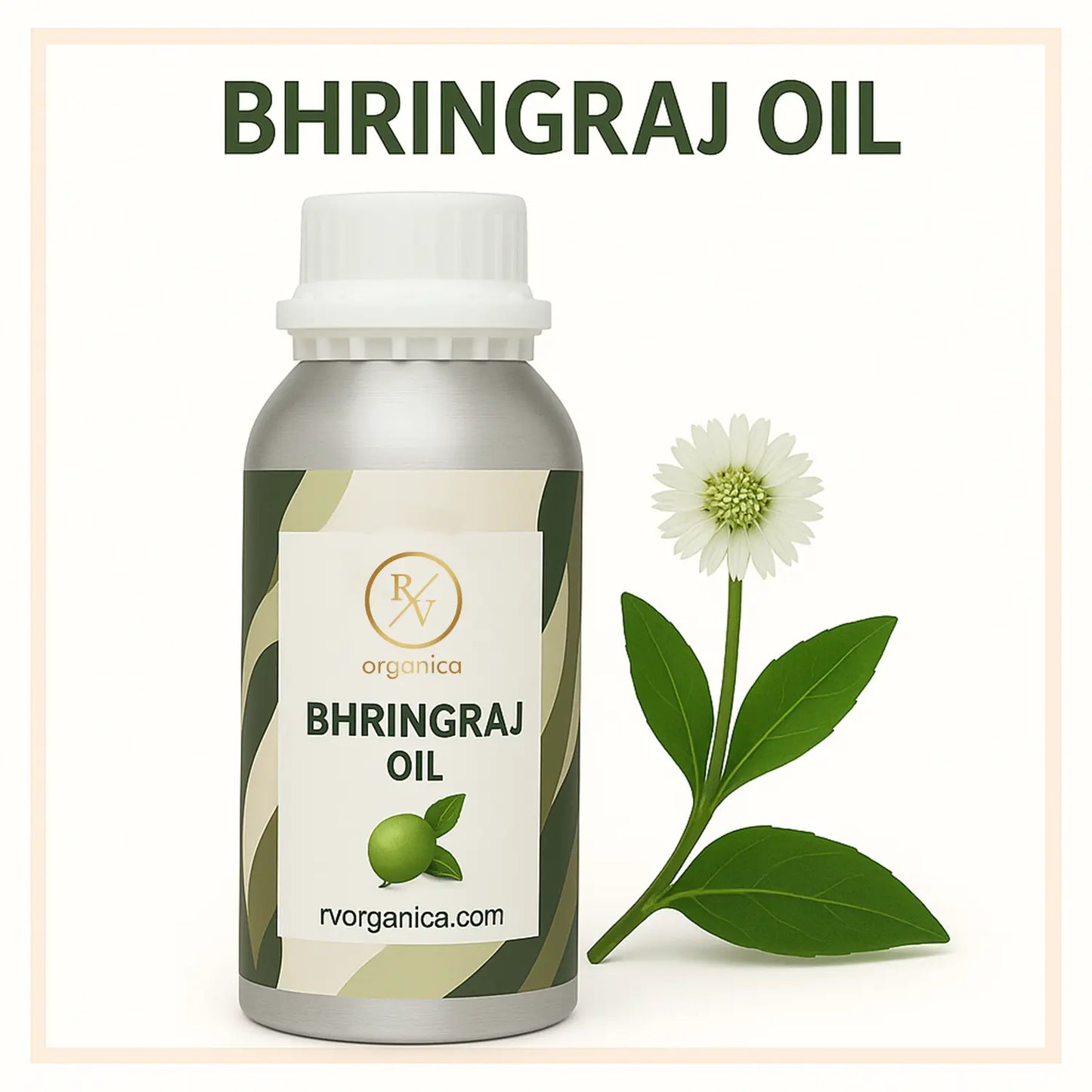 A bottle of Bhringraj Oil with a white flower and green leaves in the background, labeled 'BHRINGRAJ OIL' along with the brand name 'RV Organica'.