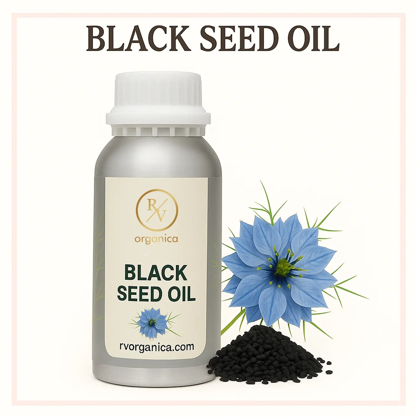 A bottle of Black Seed Oil with a white cap, labeled 'Black Seed Oil' alongside an image of the black seed and a blue flower.