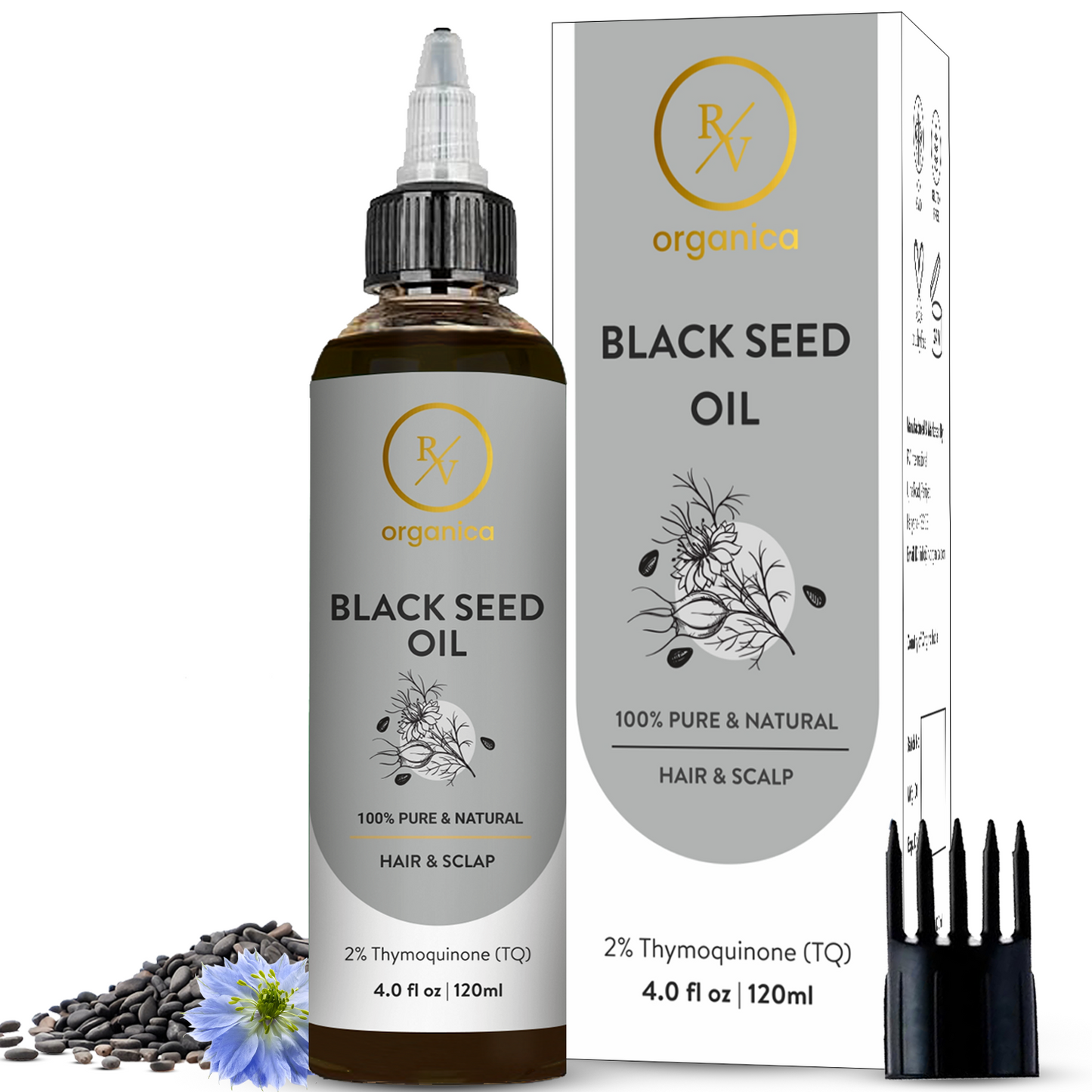 RV Organica Black Seed Oil 120ml with packaging box and comb - 100% pure natural black seed oil with 2% Thymoquinone for hair and scalp