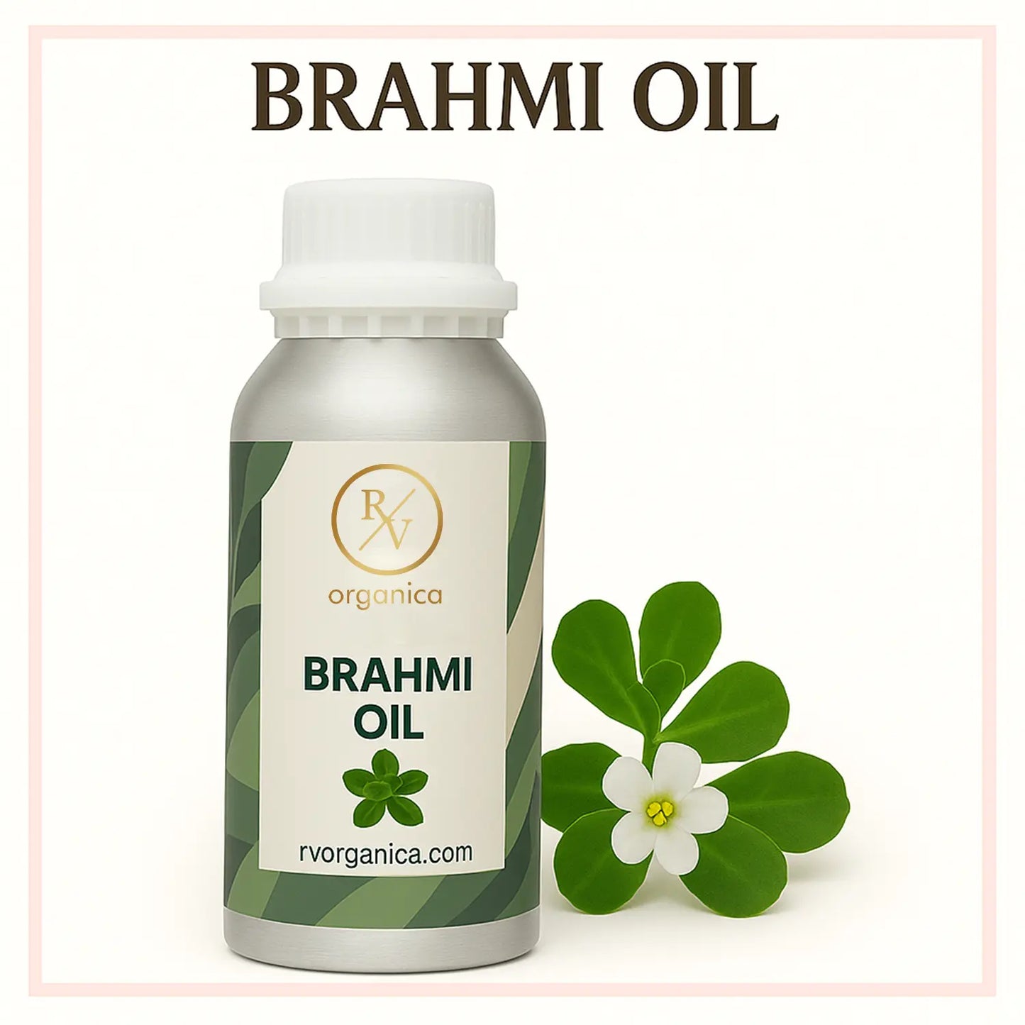 A bottle of Brahmi Oil with a white label, next to a green leaf and a white flower, on a white background with the text 'BRAHMI OIL' and the RV Organica logo.