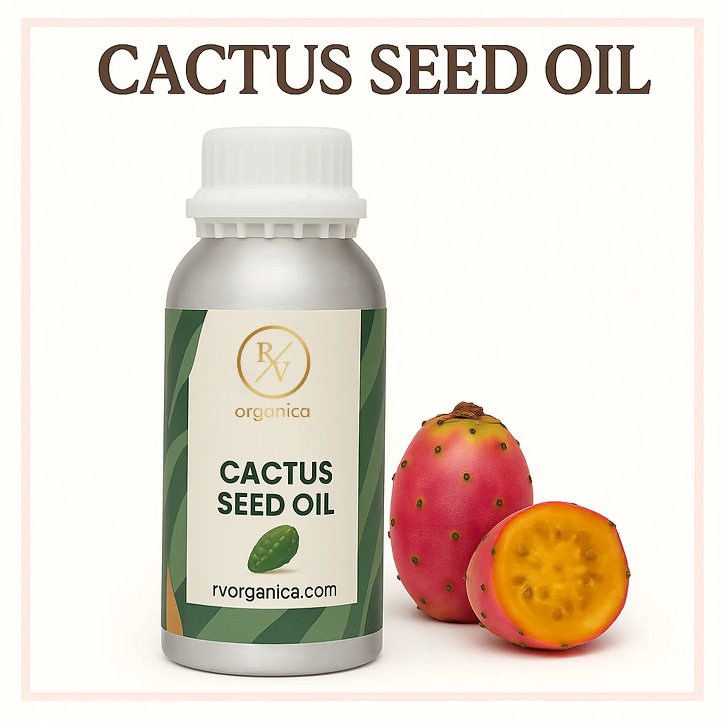 A bottle of Cactus Seed Oil with a cactus fruit in the background, indicating the product's name and use for skin care.