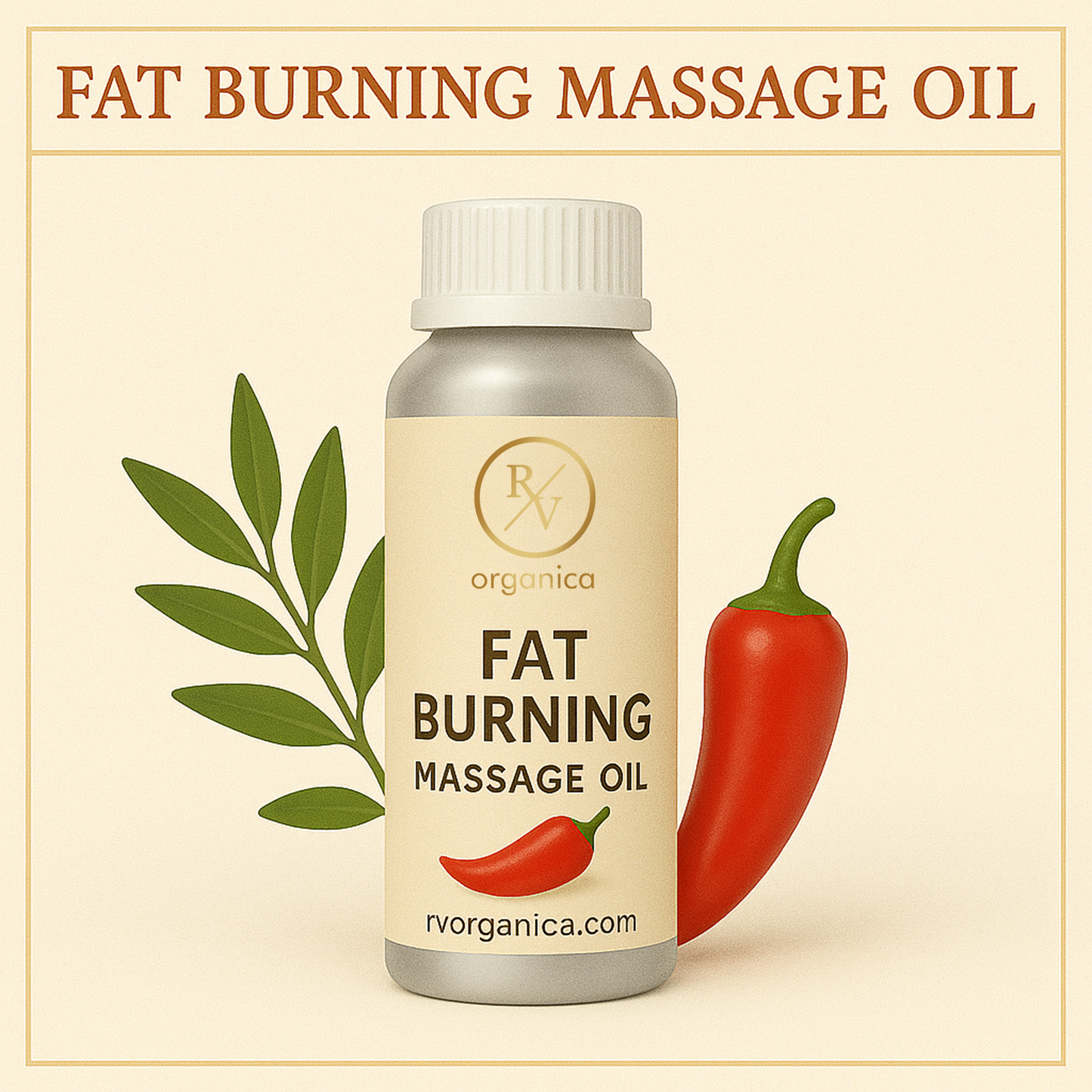 A bottle of Fat Burning Massage Oil with a white label, next to a red chili pepper and a leaf, indicating possibly natural ingredients.