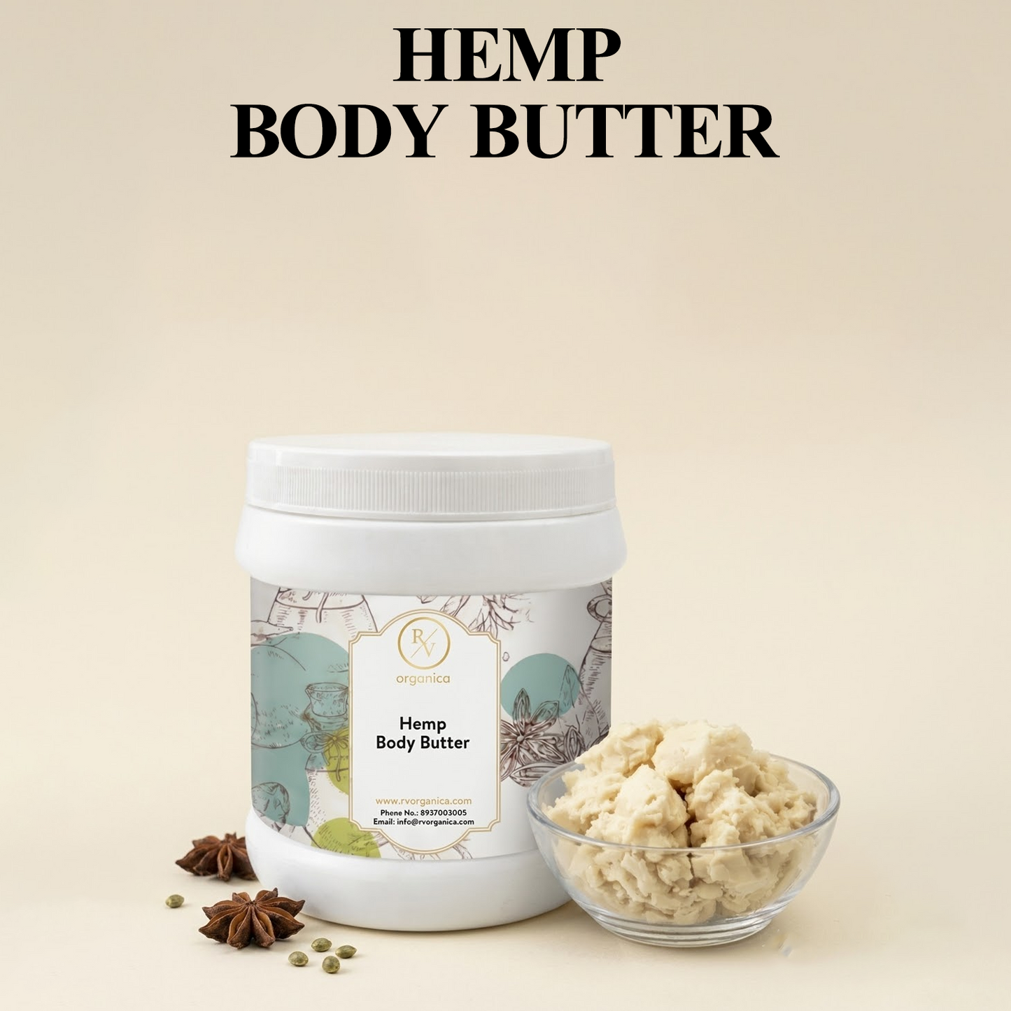 RV Organica Hemp Body Butter jar with creamy texture for daily skin nourishment and hydration