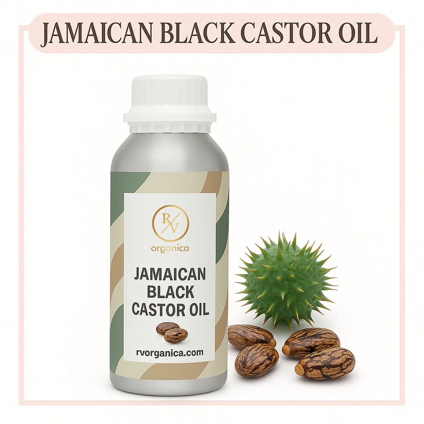 A bottle of Jamaican Black Castor Oil with a green label, displayed alongside castor beans and a spiky plant, indicating its natural and organic properties.