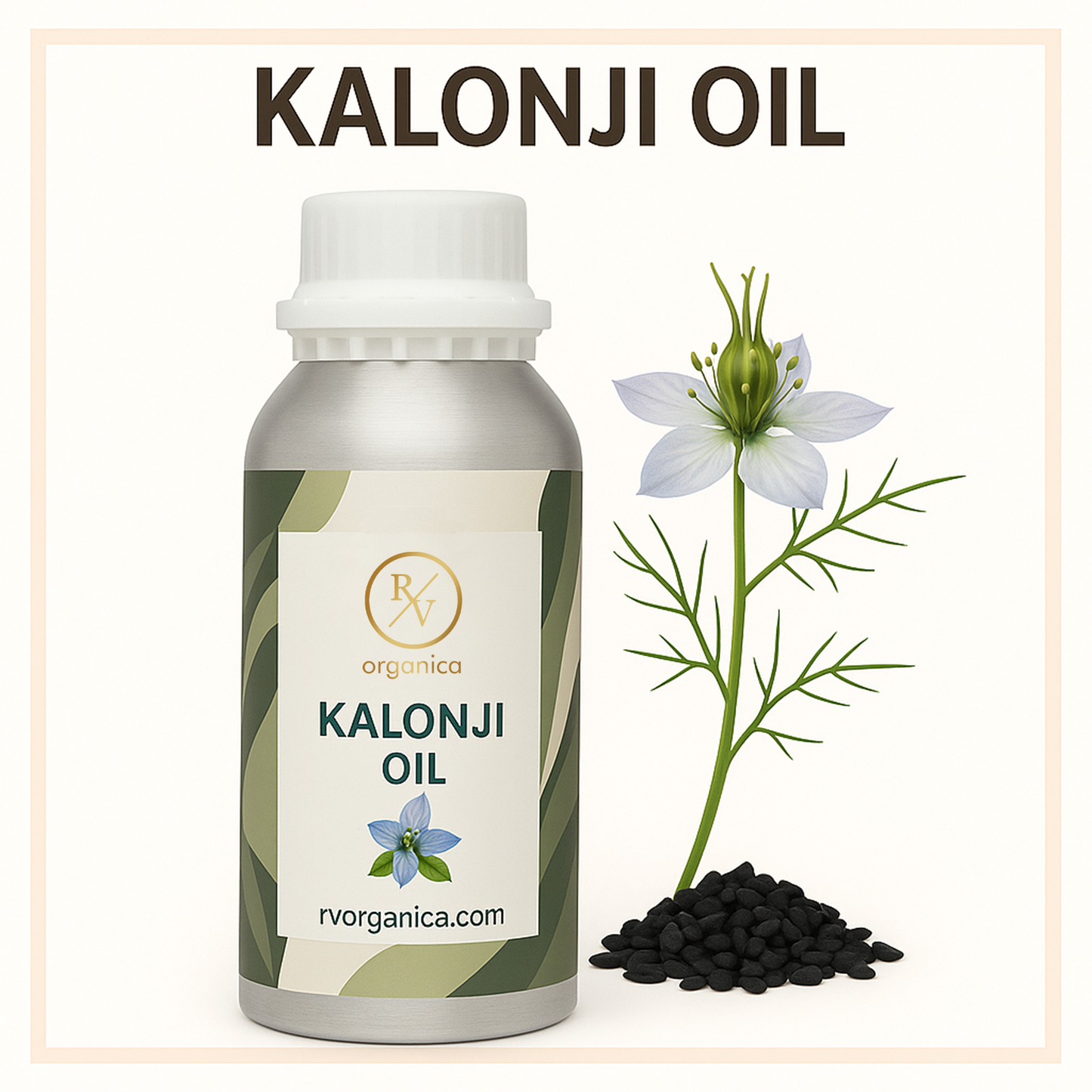 A bottle of Kalonji Oil with a white cap, alongside a white flower and a pile of black seeds, on a background with the text 'KALONJI OIL' and a website address 'rvorganica.com'.