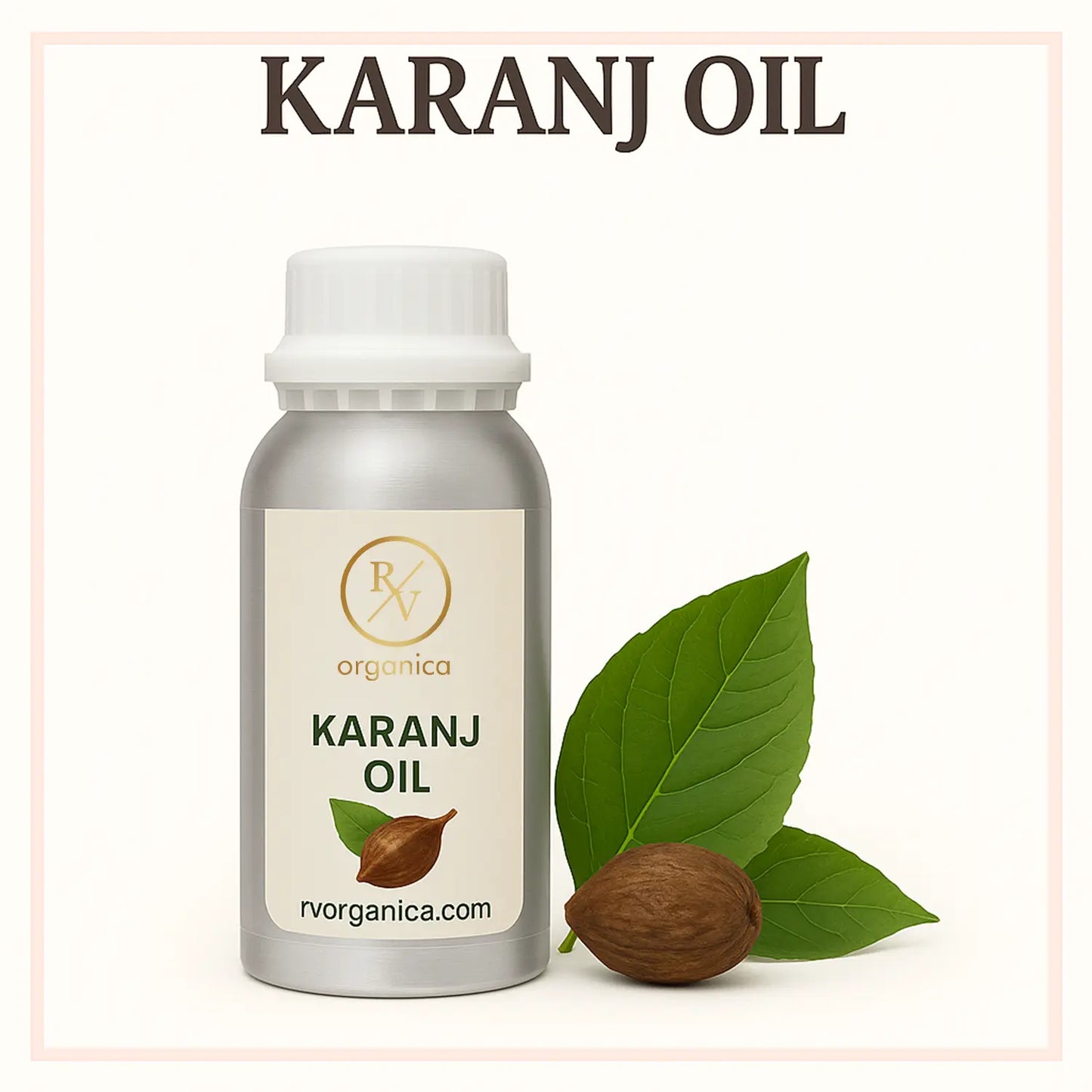A bottle of Karanj Oil with a white cap, labeled with the brand RV Organica, alongside a karanj seed and green leaves.