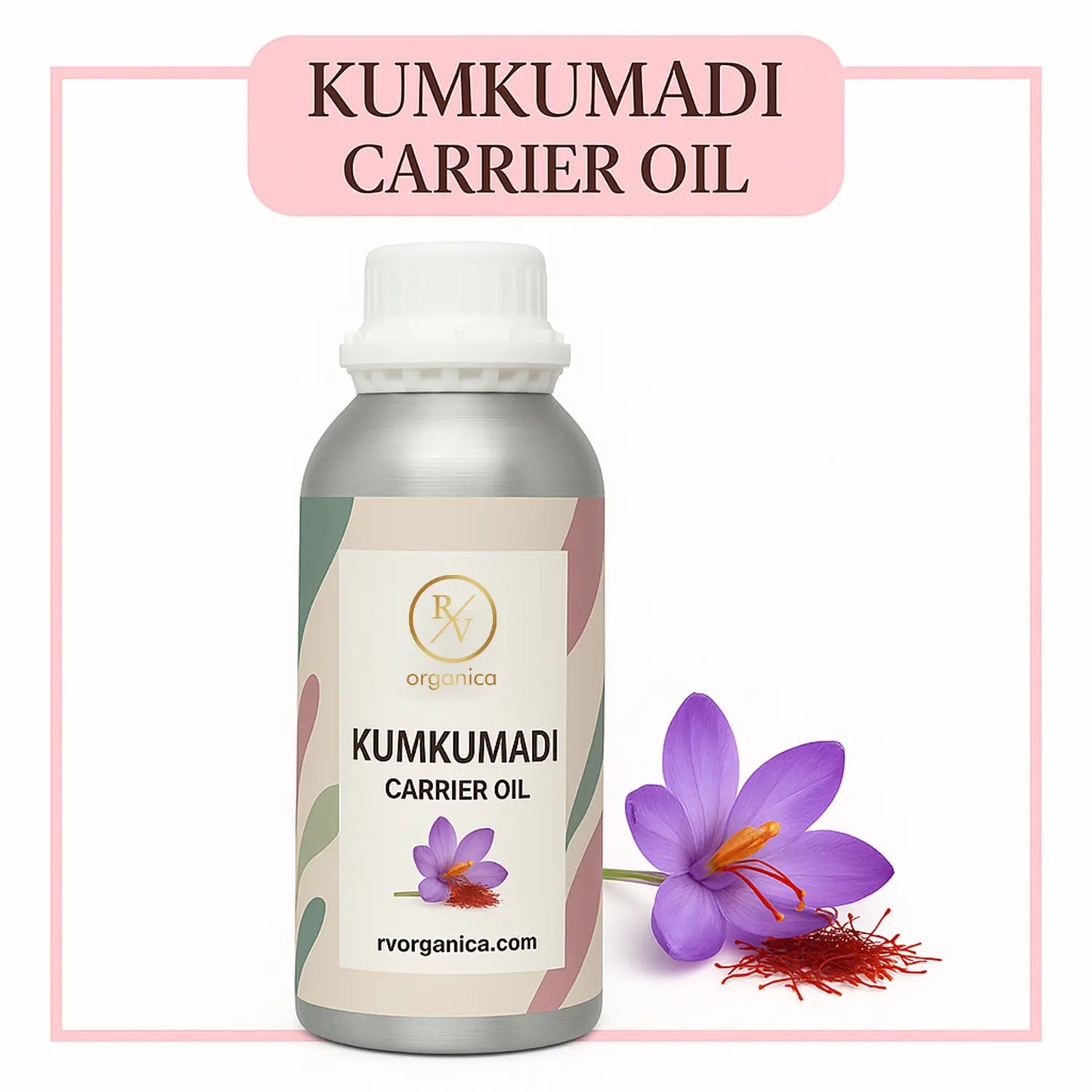 A bottle of Kumkumadi Carrier Oil with a purple flower and saffron threads depicted in the background, indicating its Ayurvedic formulation.