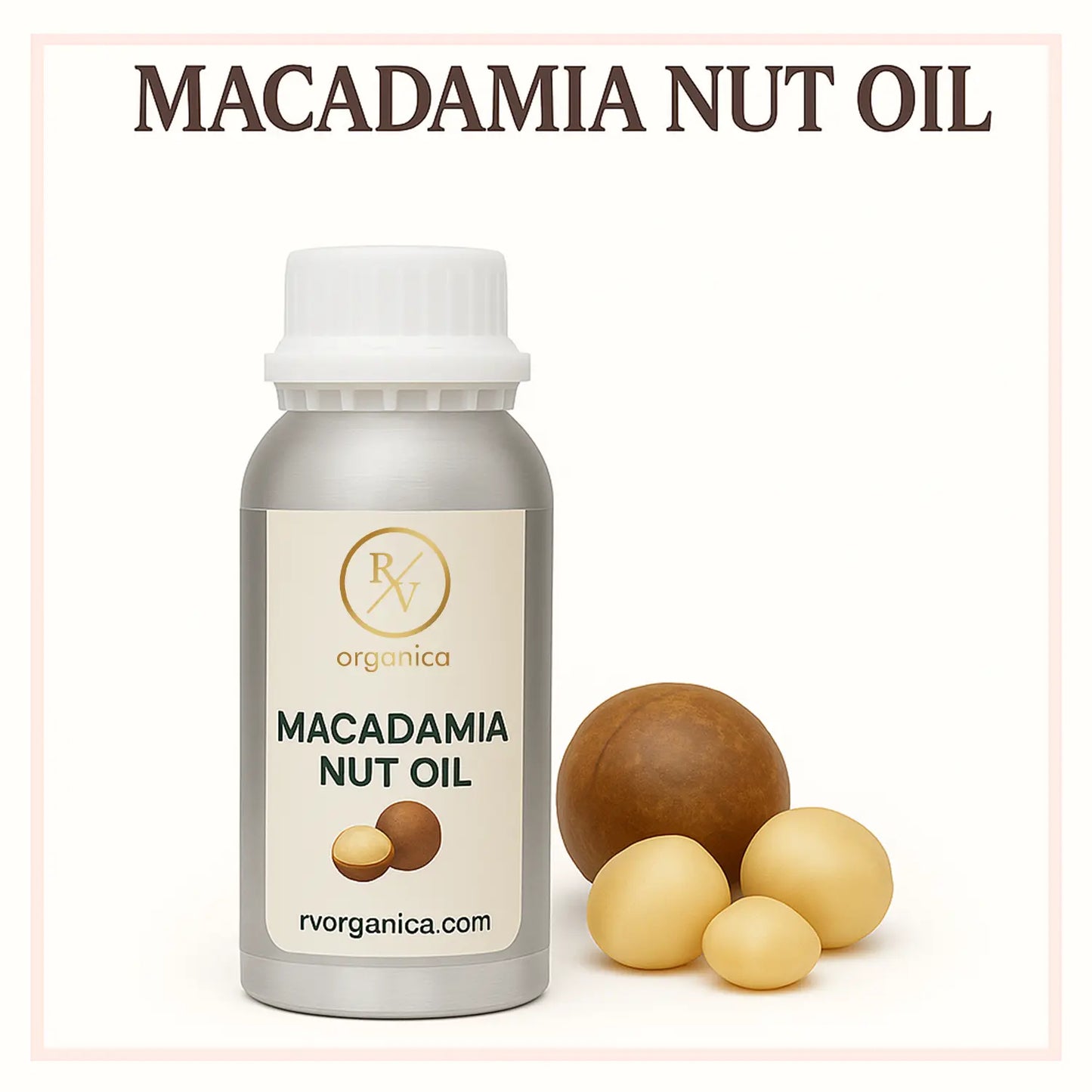 A bottle of Macadamia Nut Oil with the brand RV Organica displayed, alongside some macadamia nuts and a small amount of oil droplets on a white background.