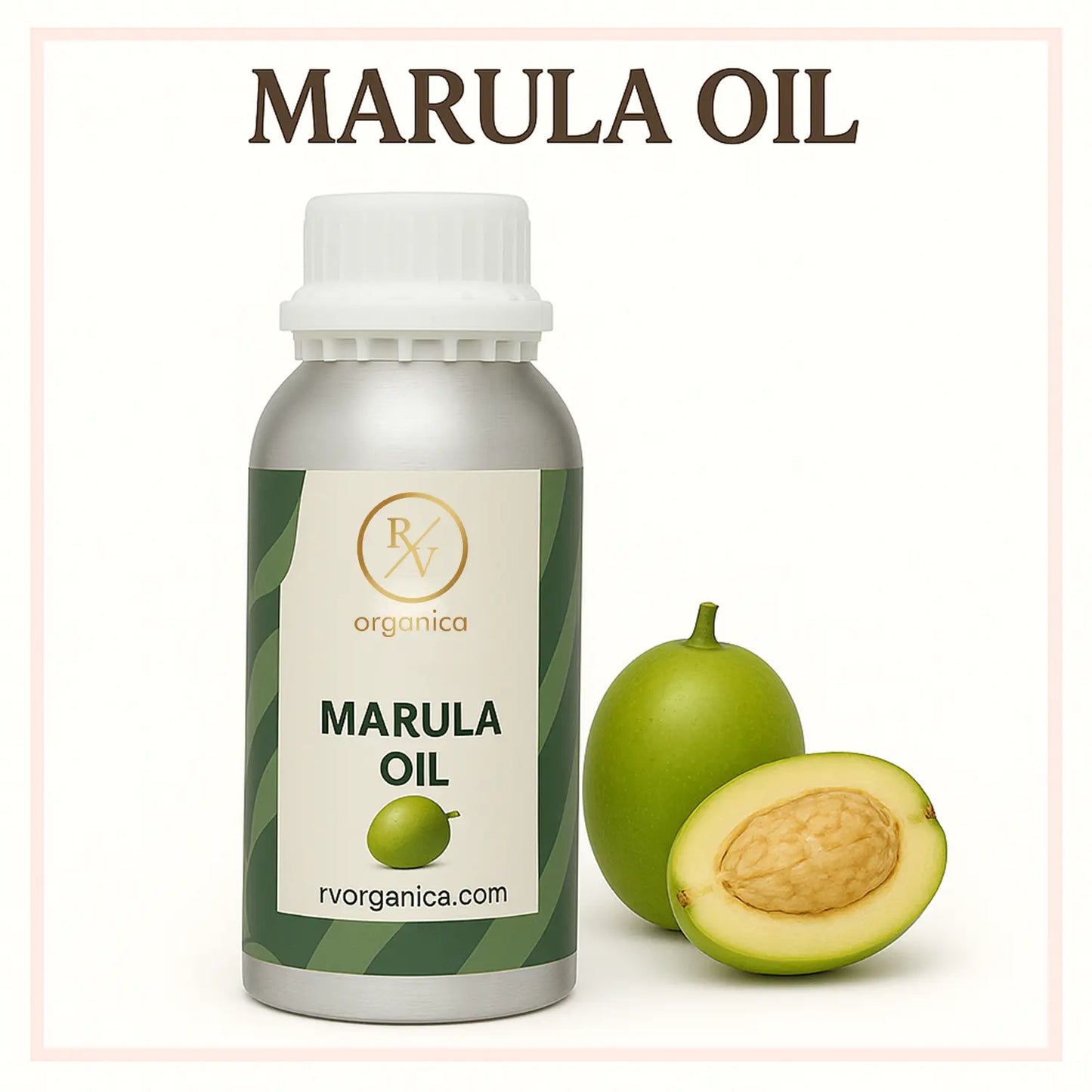 A bottle of Marula Oil with a fresh marula fruit in the background, The label on the bottle reads 'MARULA OIL' and 'rvorganica.com'.