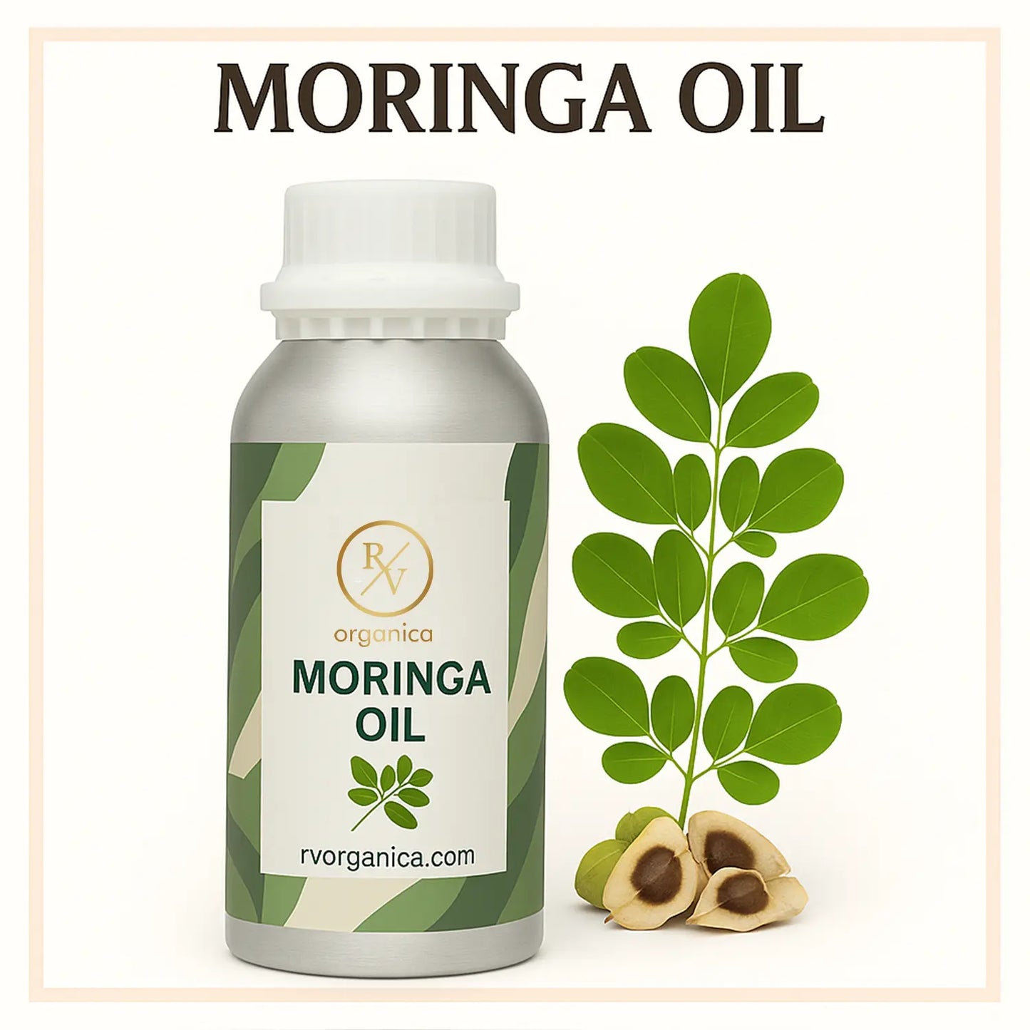 A bottle of Moringa Oil with a white cap, labeled 'MORINGA OIL' next to a leaf and a piece of fruit from the moringa tree.