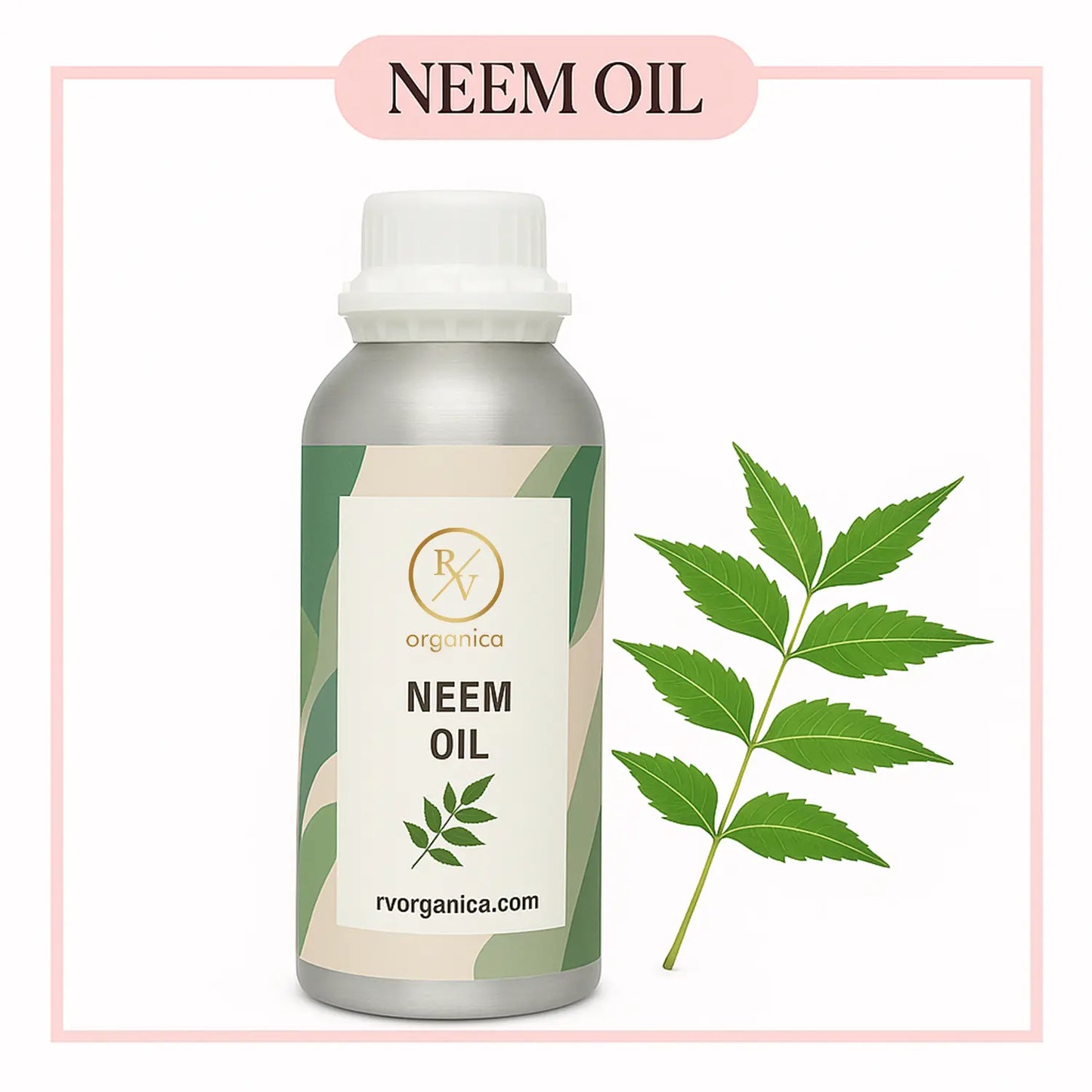 A bottle of neem oil with a label and a small branch with leaves next to it, displayed against a white background.