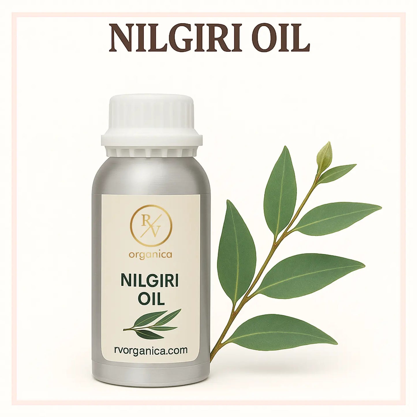 A bottle of Nilgiri oil with a white cap, labeled with the brand RV Organica, alongside a sprig of eucalyptus leaves.