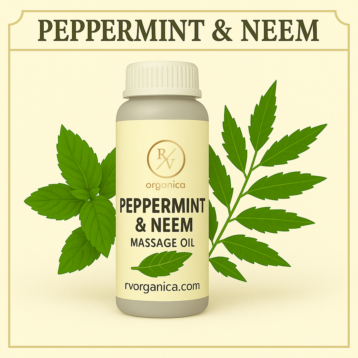 A bottle of Peppermint & Neem Massage Oil by RV Organica, accompanied by leaves of peppermint and neem to the side.
