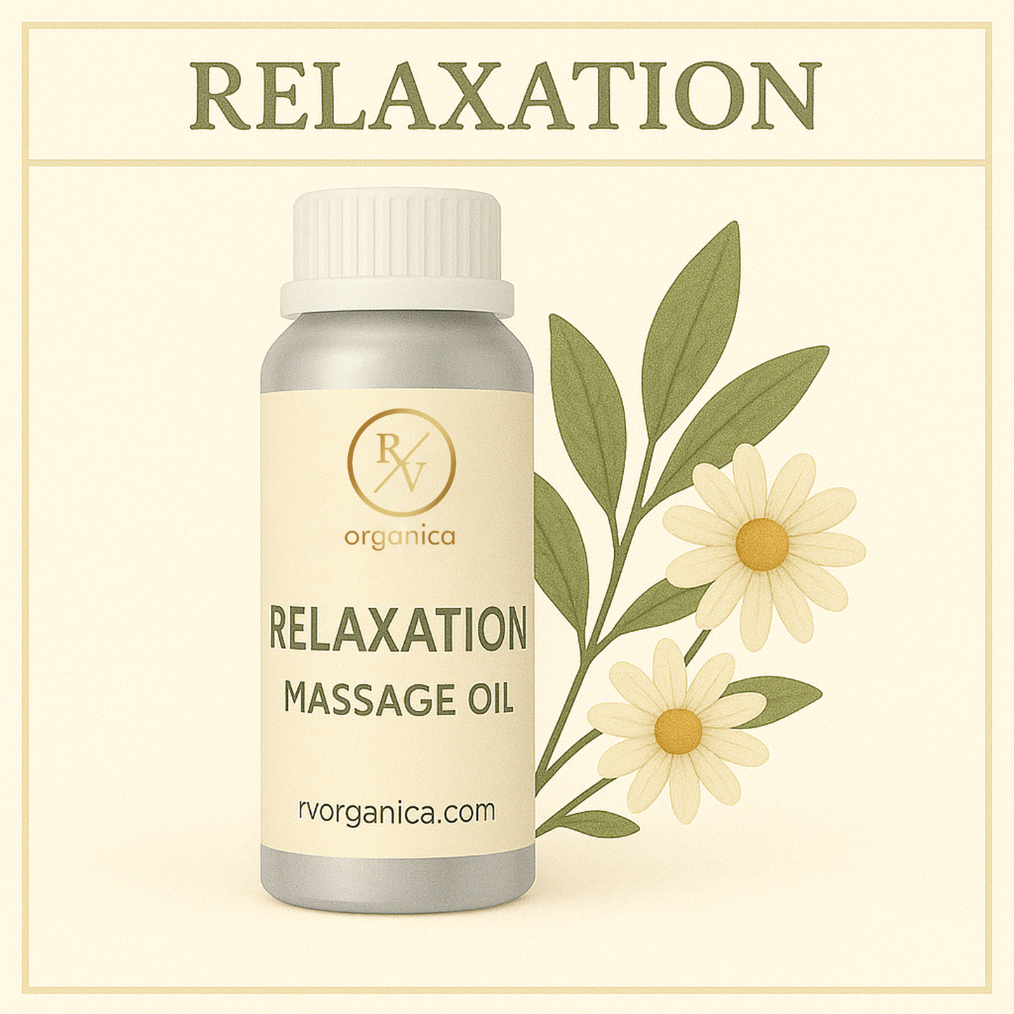 A bottle of Relaxation Massage Oil by RV Organica, labeled with the product name and an image of flowers in the background.