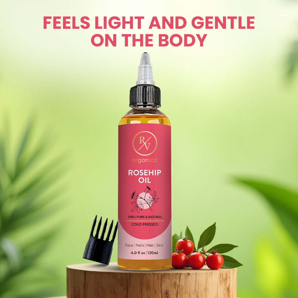 RV Organica Rosehip Oil 120ml bottle with comb - feels light and gentle on the body