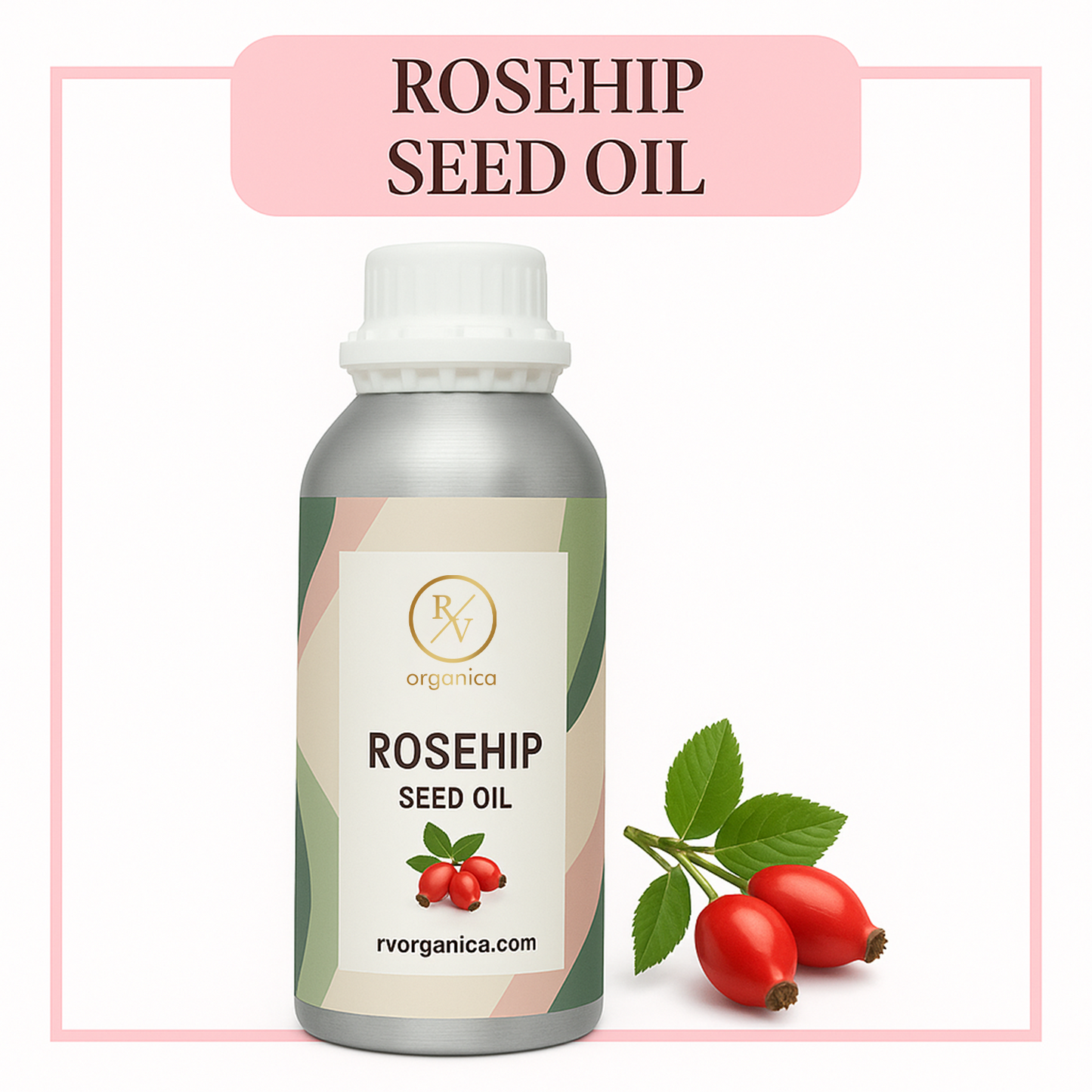 A bottle of Rosehip Seed Oil with a label showing the product name and a few rosehip fruits. The background is white with a pink rectangular border.
