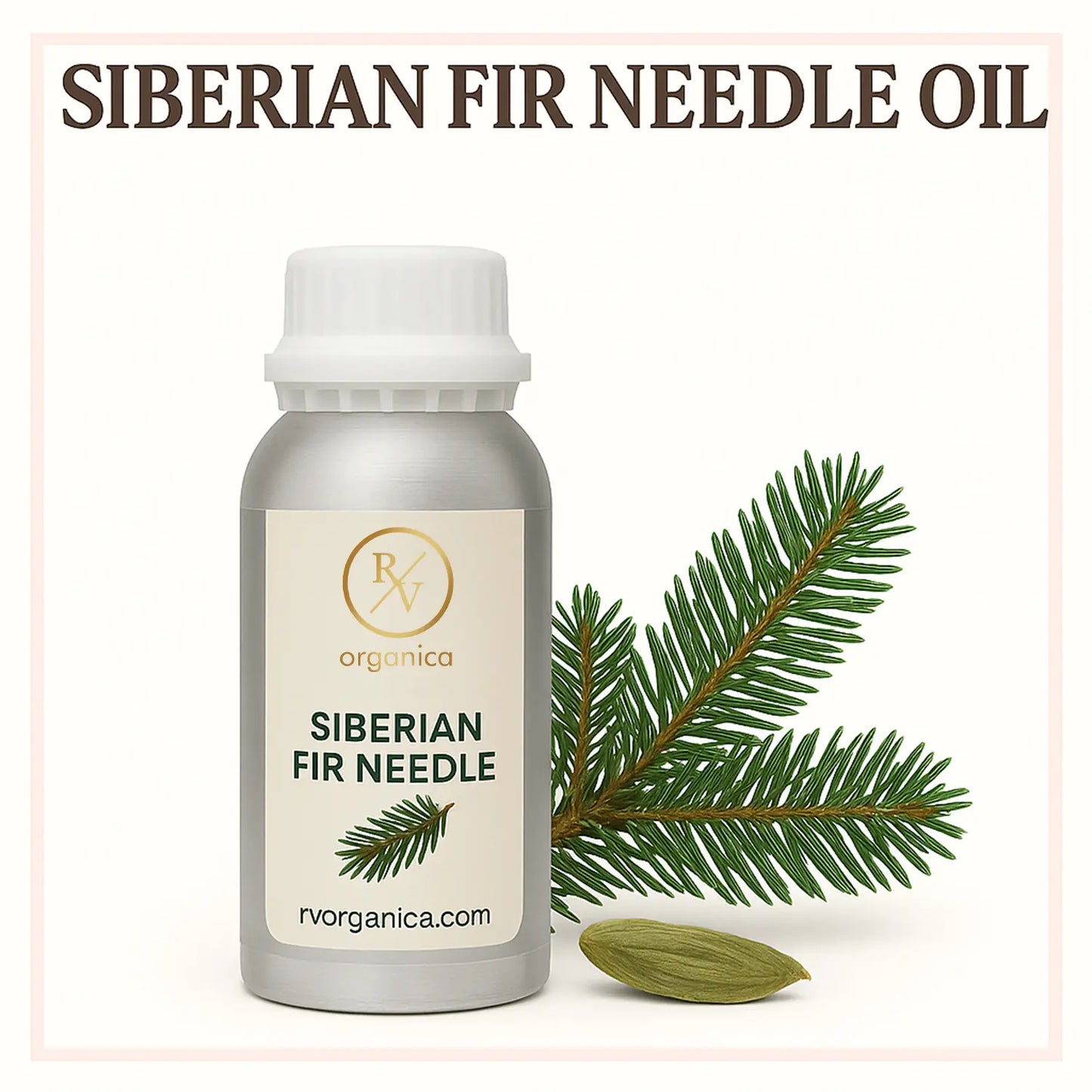 A bottle of Siberian Fir Needle Oil with a white cap, accompanied by a sprig of fir needles and a leaf on a white background. The label has the product name and the brand's website.