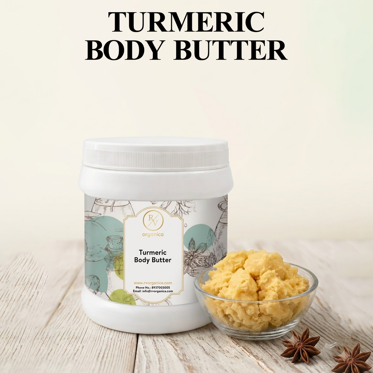 RV Organica Organic Turmeric Body Butter jar for daily skin nourishment and smooth texture