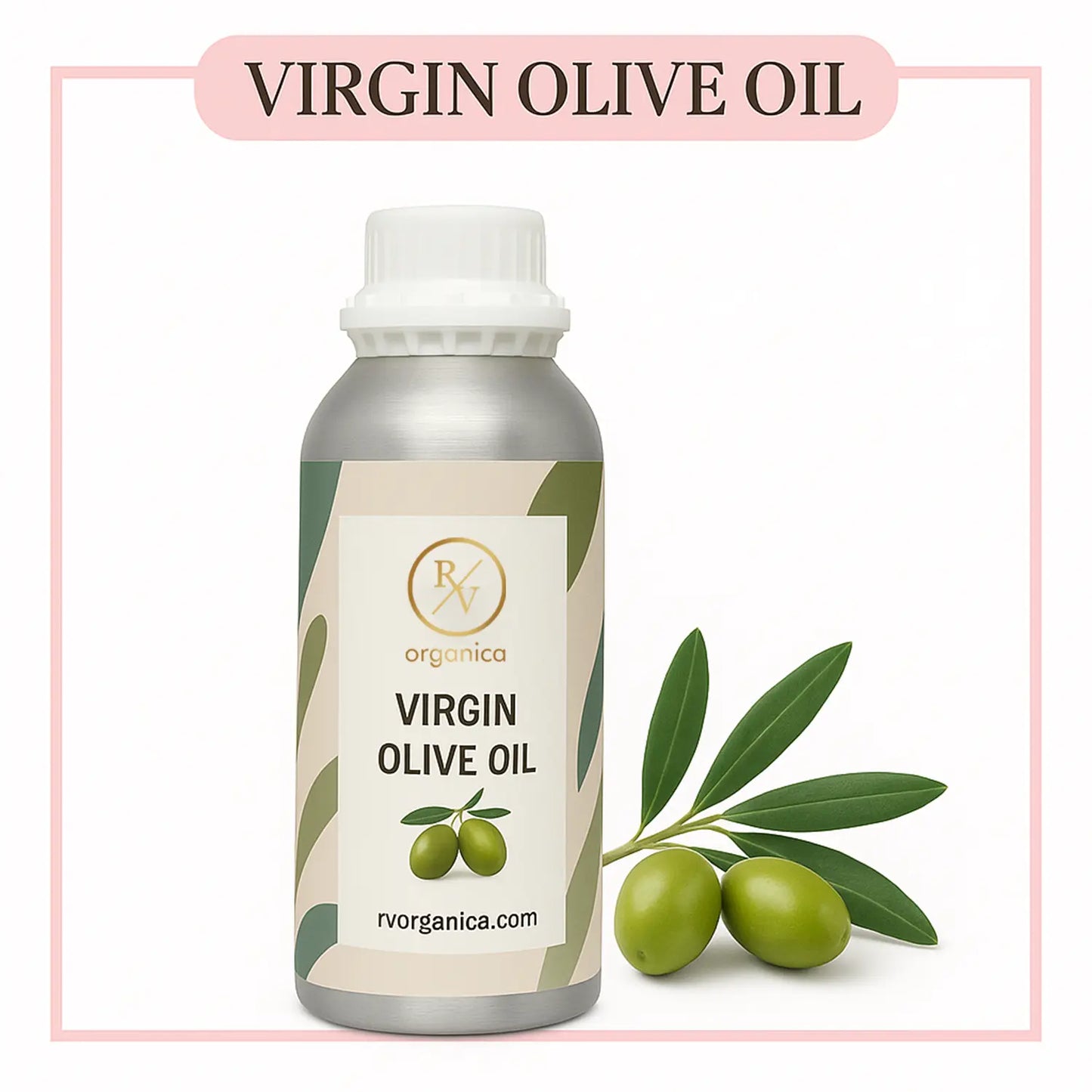 A bottle of virgin olive oil with a label that includes the brand name and product name, accompanied by a small branch with green olives.