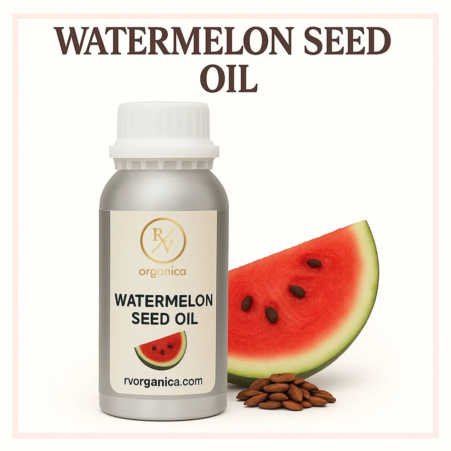 A bottle of Watermelon Seed Oil with a slice of watermelon and its seeds shown in the foreground. The label on the bottle reads 'WATERMELON SEED OIL' and 'rvorganica.