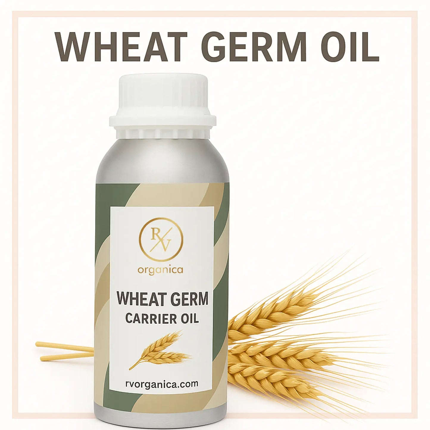 A bottle of wheat germ oil with a white and green label, next to a spike of wheat.