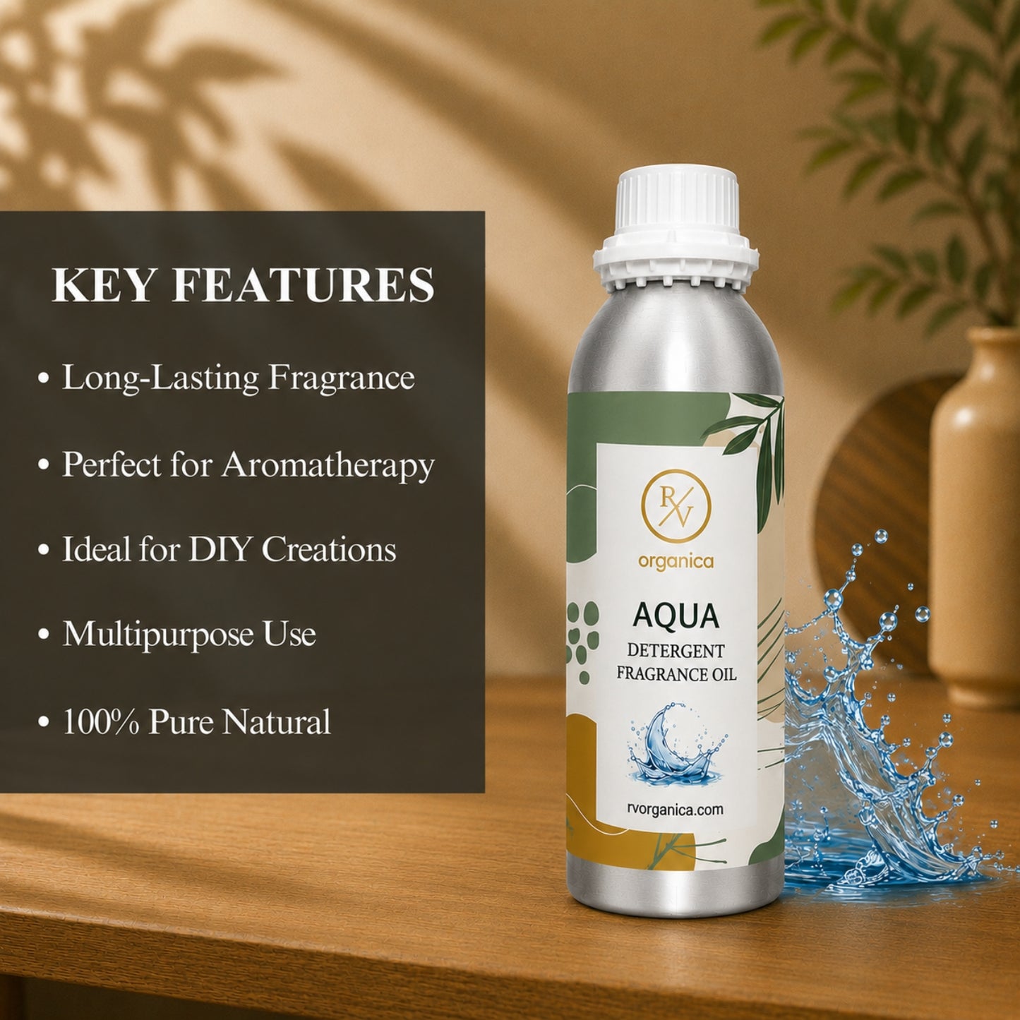 Key features of Aqua Detergent Fragrance Oil include a refreshing aquatic laundry aroma, long-lasting fragrance, excellent scent retention, IFRA compliant, premium quality, and multipurpose use for detergents, fabric conditioners, liquid cleaners, soaps, and home care products.