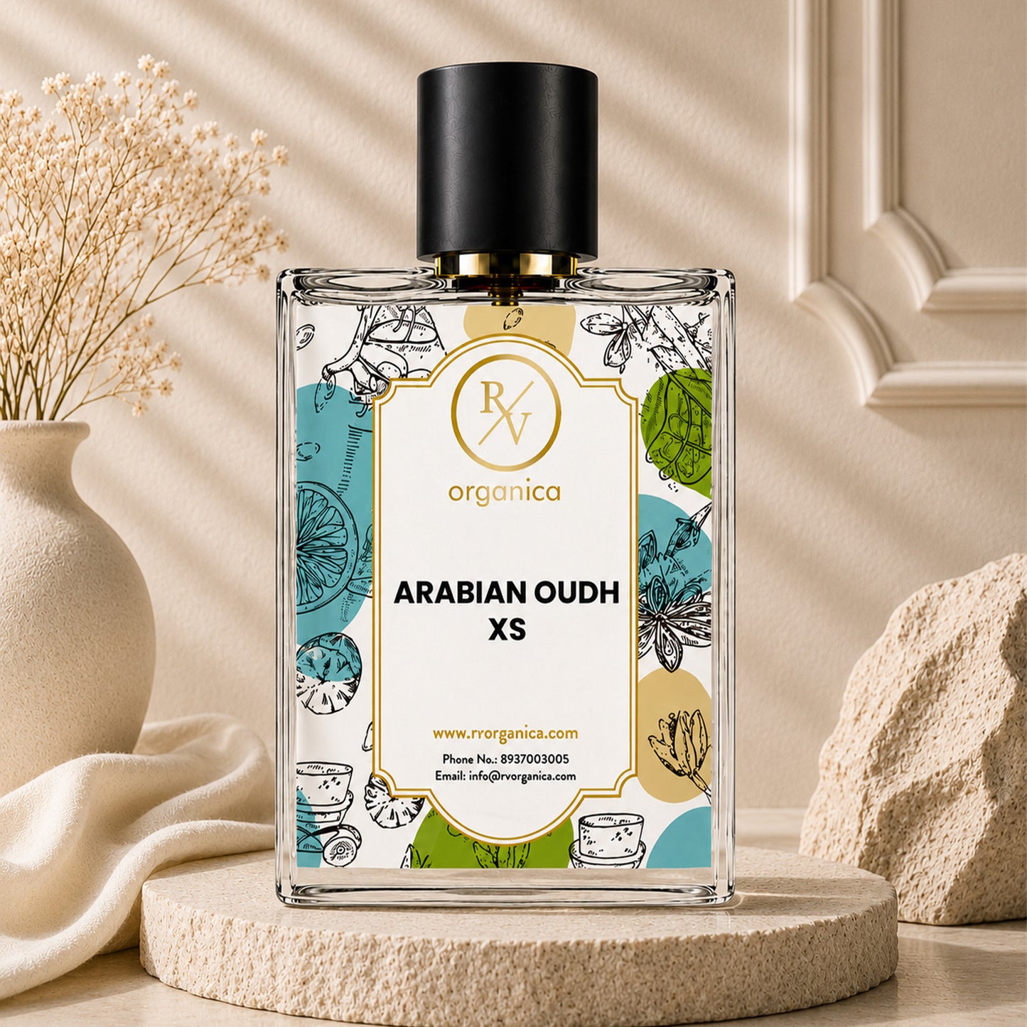 Luxury lifestyle image of RV Organica Arabian Oudh XS Inspired Fragrance perfume displayed in an elegant premium setting.