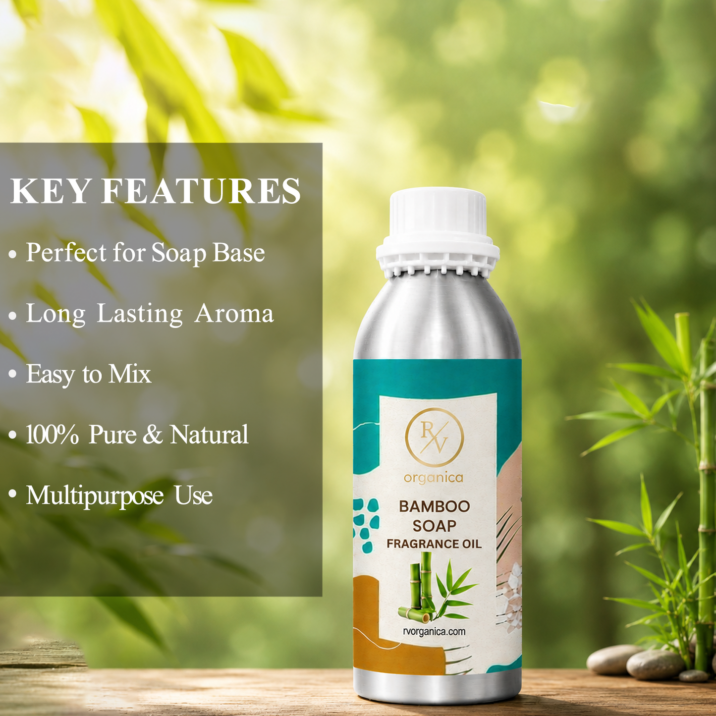 Key features of Bamboo Soap Fragrance Oil include fresh green bamboo aroma, clean refreshing fragrance, long-lasting scent, ideal for soaps and personal care products, premium quality, IFRA compliant, and multipurpose use.