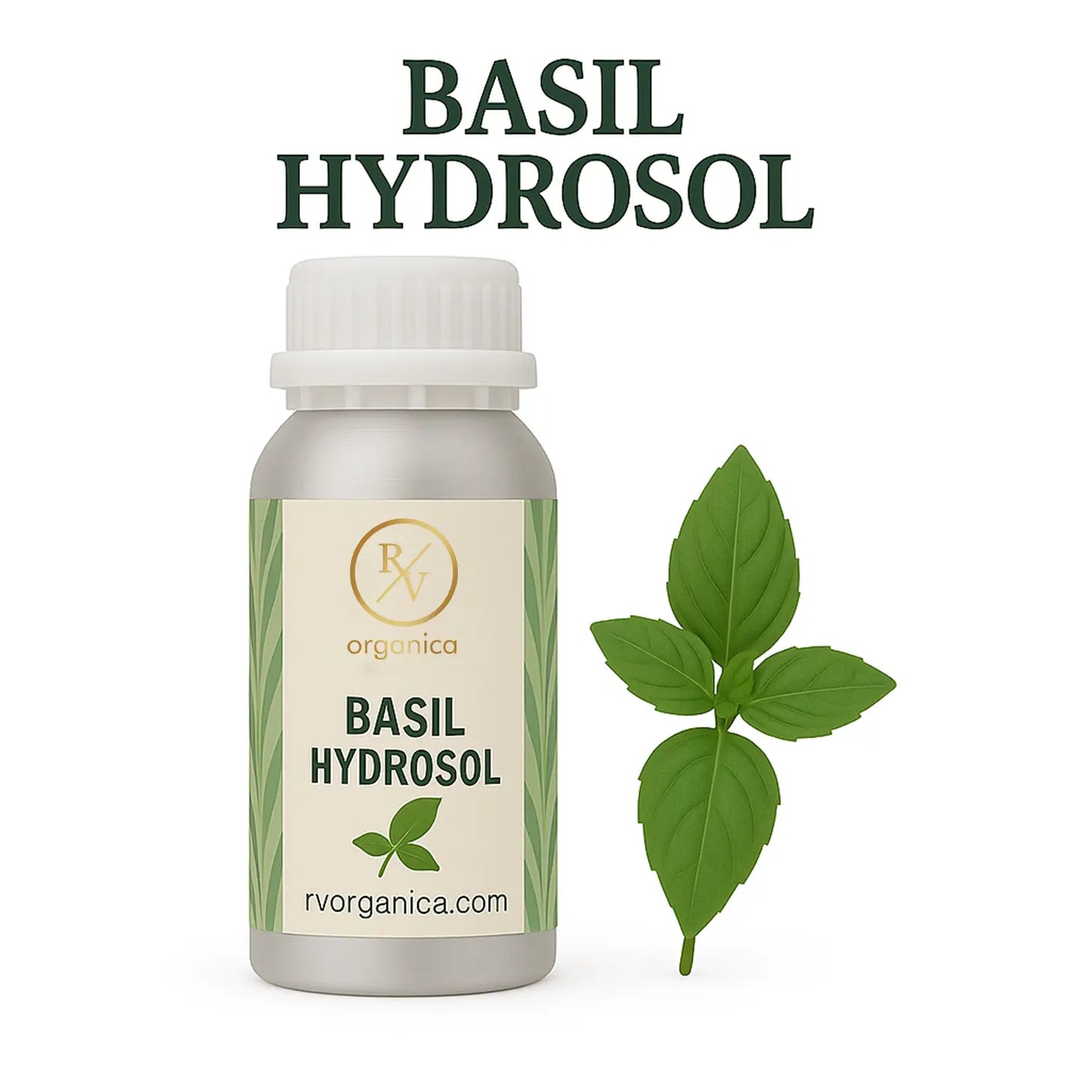A bottle of Basil Hydrosol with a label that reads 'BASIL HYDROSOL' and a leaf next to it, indicating the organic basil leaves from which it is made.