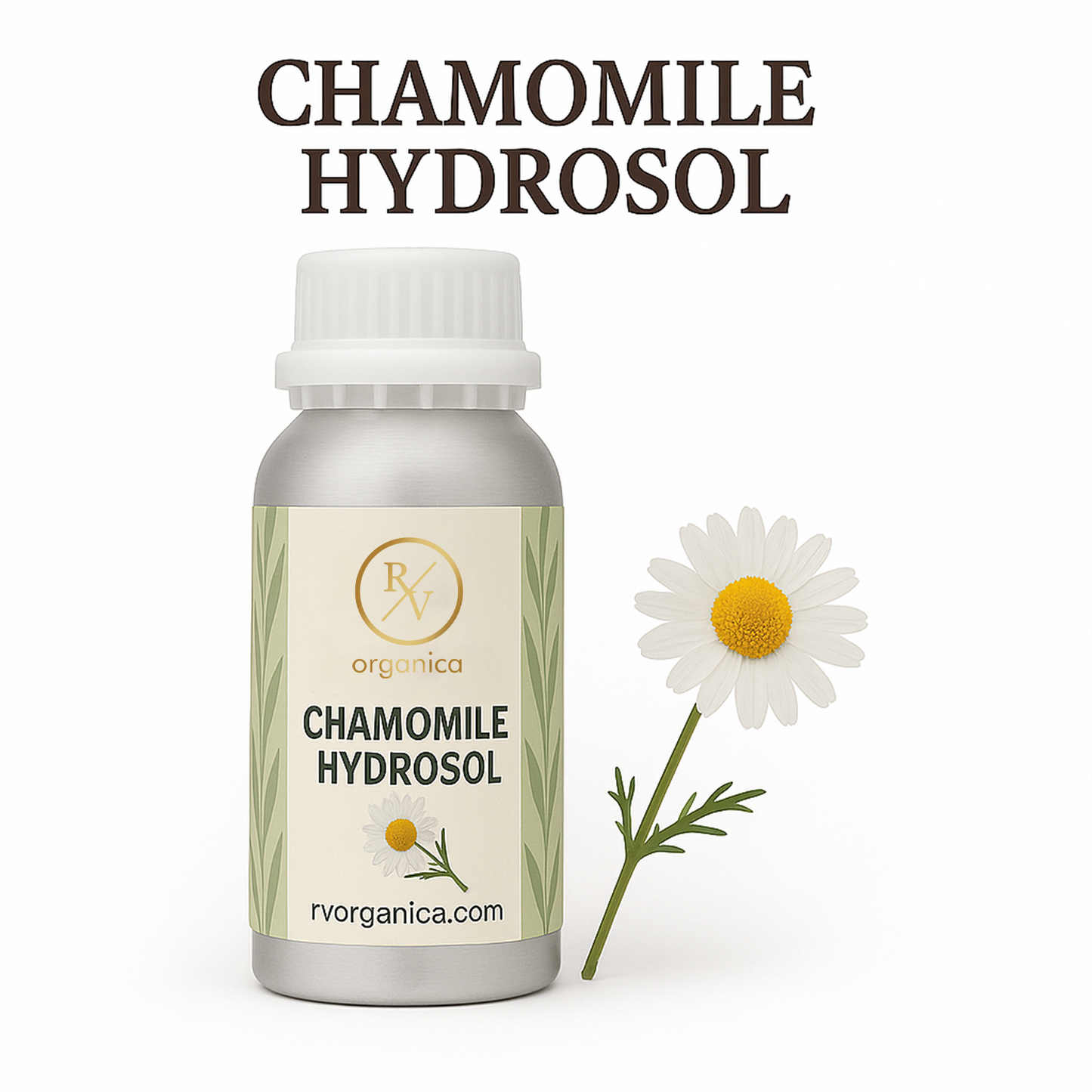 A bottle of Chamomile Hydrosol with a white label, next to a daisy flower. The label includes the text 'CHAMOMILE HYDROSOL' and the brand name 'RV Organica'.