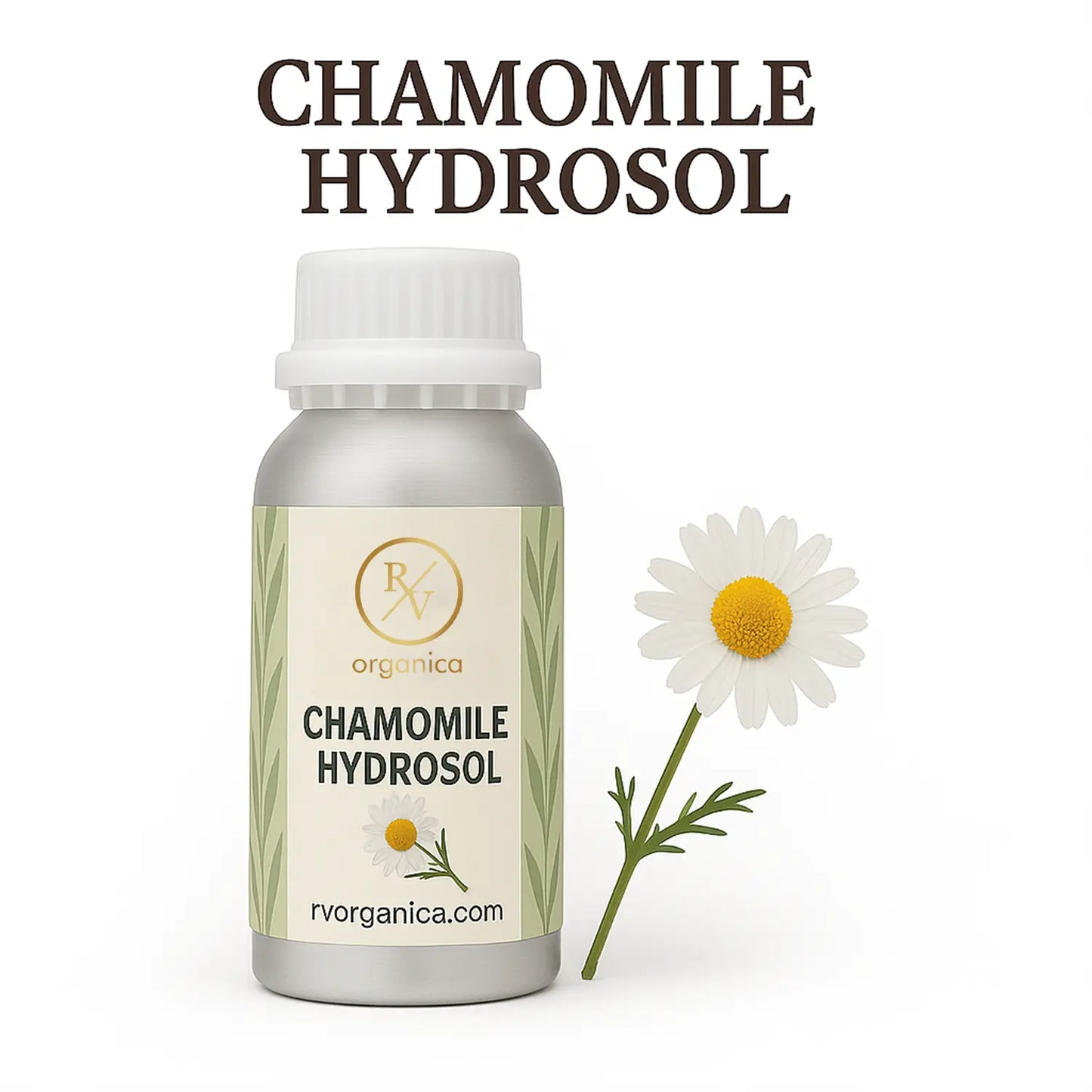 A bottle of Chamomile Hydrosol with a white label, next to a daisy flower. The label includes the text 'CHAMOMILE HYDROSOL' and the brand name 'RV Organica'.
