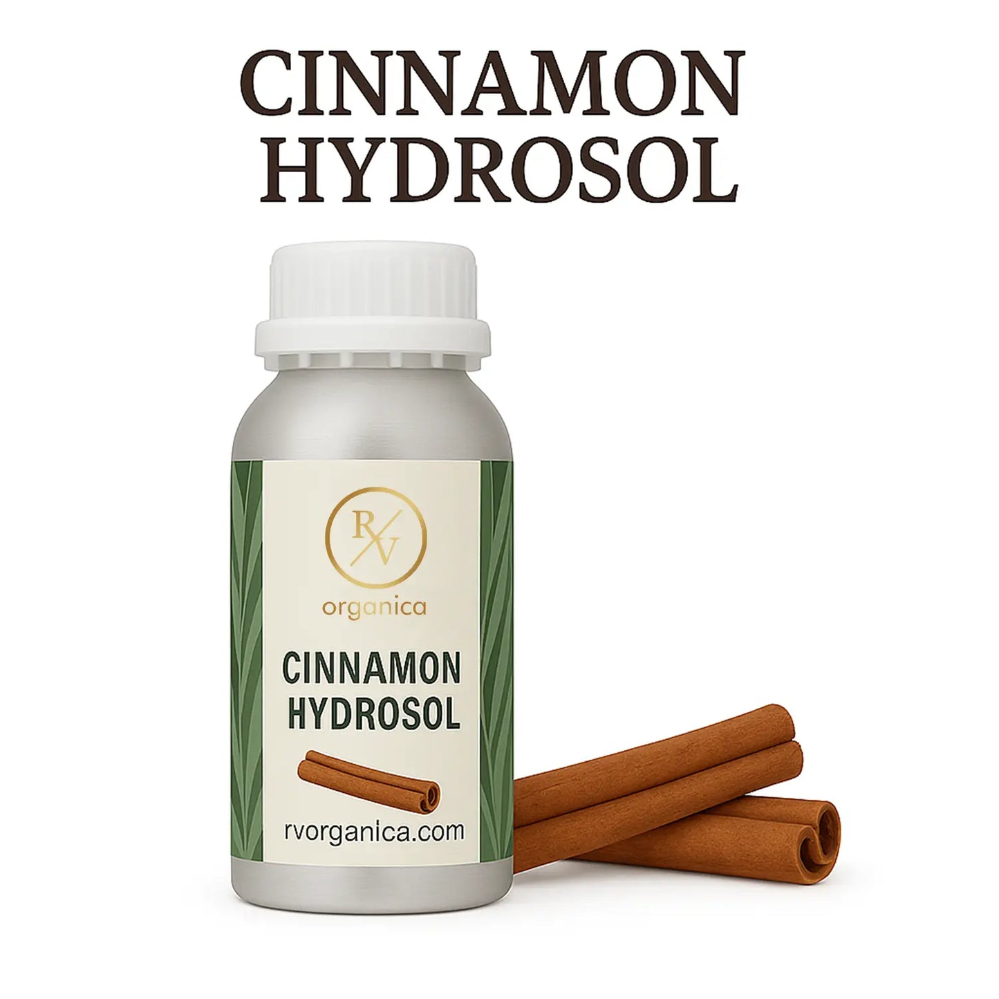 A bottle of Cinnamon Hydrosol with a white label, next to two cinnamon sticks, on a white background with the text 'CINNAMON HYDROSOL' and 'rvorganica.com'.