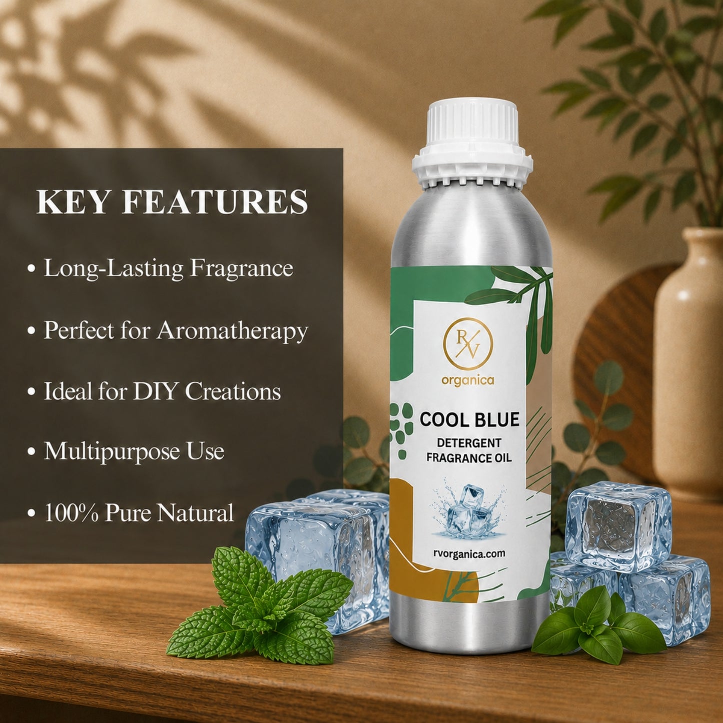 Key features of Cool Blue Detergent Fragrance Oil include a refreshing aquatic laundry aroma, long-lasting fragrance, excellent scent retention, IFRA compliant, premium quality, and multipurpose use for detergents, fabric conditioners, liquid cleaners, soaps, and home care products.