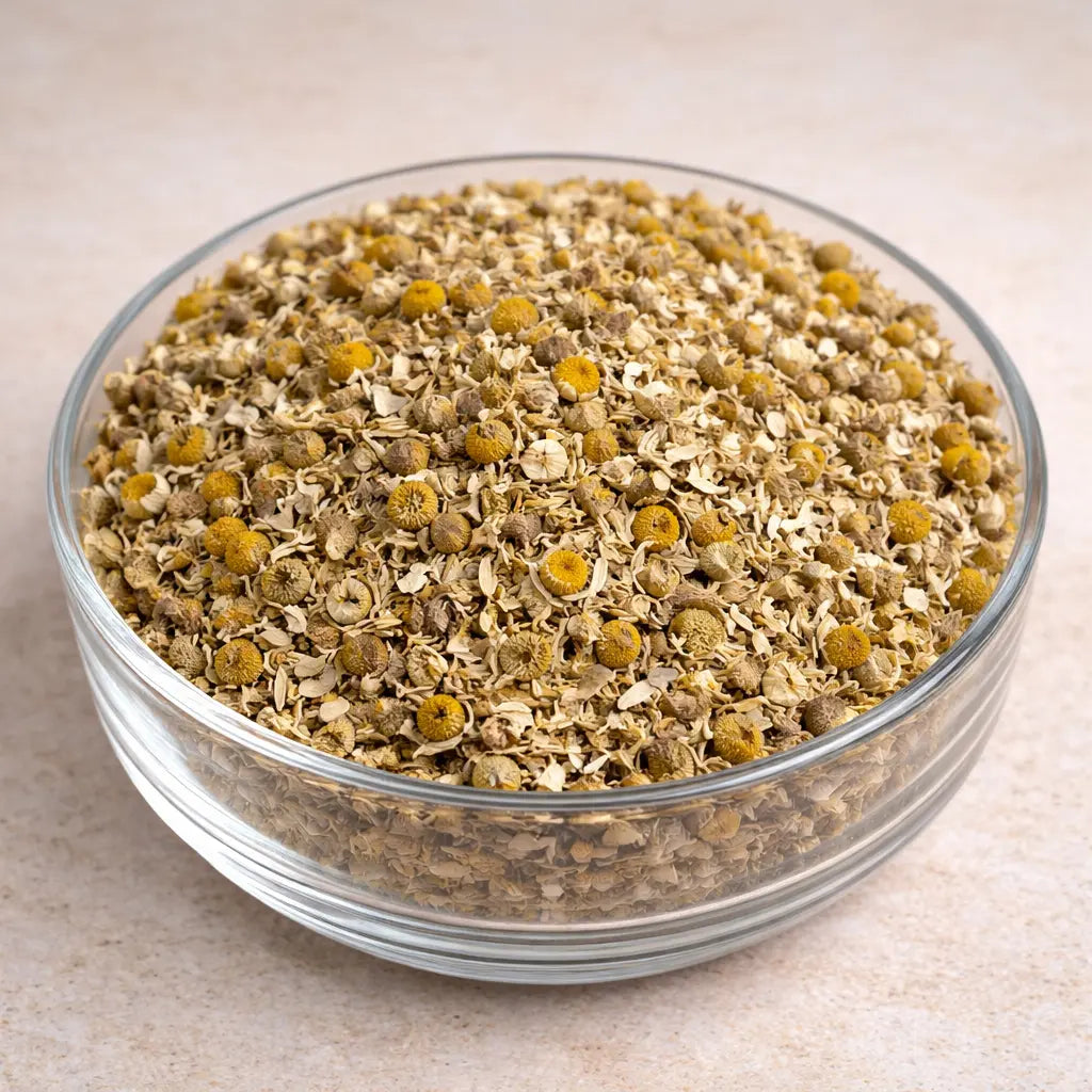 Dried chamomile flowers used for herbal tea, relaxation, skincare and natural wellness