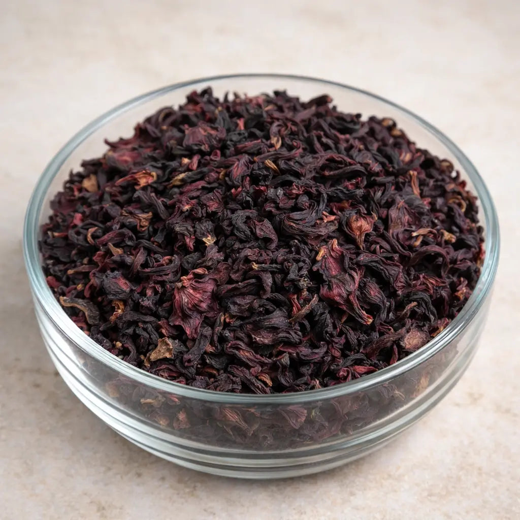 Dried hibiscus flowers used for herbal tea, hair care, skincare and natural wellness