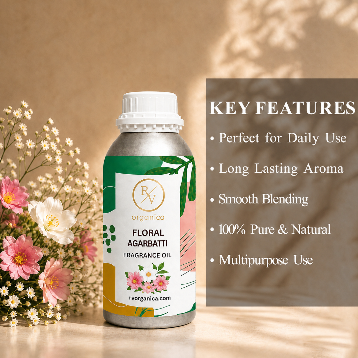 Key features of Floral Agarbatti Fragrance Oil include a rich floral incense aroma, long-lasting fragrance, strong scent diffusion, IFRA compliant, premium quality, and multipurpose use for agarbatti, candles, soaps, perfumes, and home fragrance products.