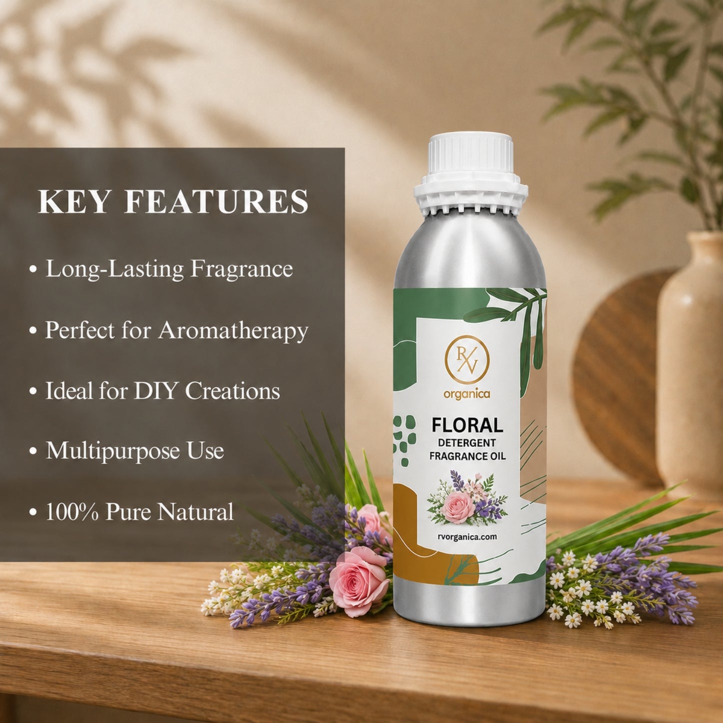 Key features of Floral Detergent Fragrance Oil include a fresh floral laundry aroma, long-lasting fragrance, ideal for detergents and fabric conditioners, enhanced freshness, IFRA compliant, premium quality, and multipurpose use.