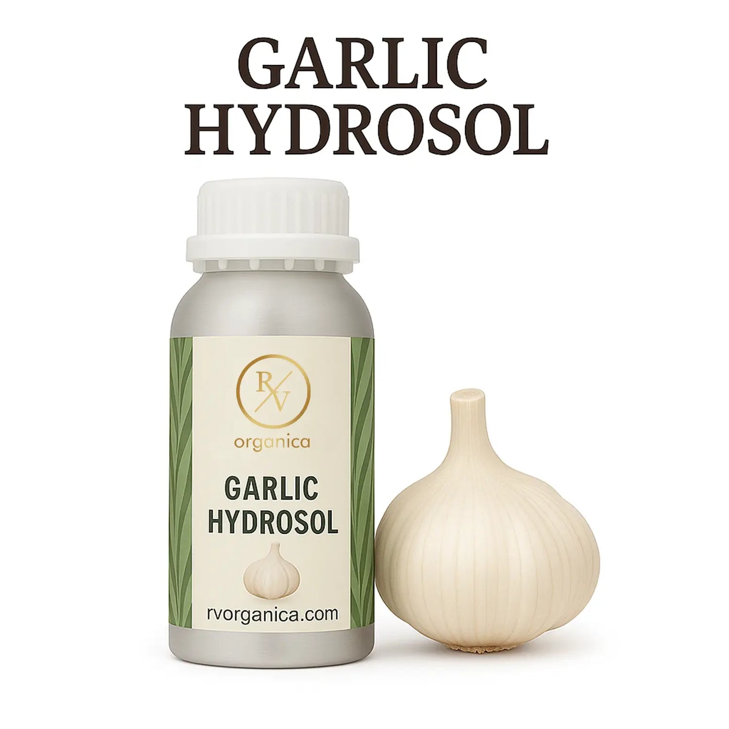 A bottle of Garlic Hydrosol by RV Organica, with a fresh garlic clove next to it.