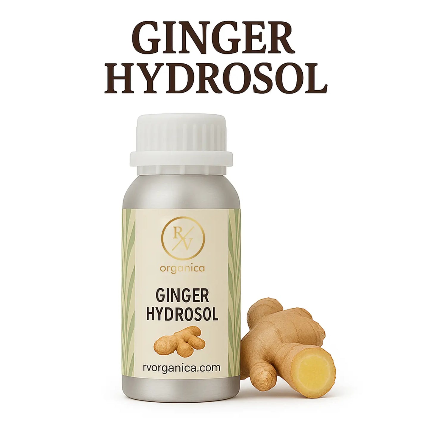 A bottle of Ginger Hydrosol with a white label, next to fresh ginger rhizome. The label includes the brand name 'RV Organica' and the product name 'Ginger Hydrosol'.