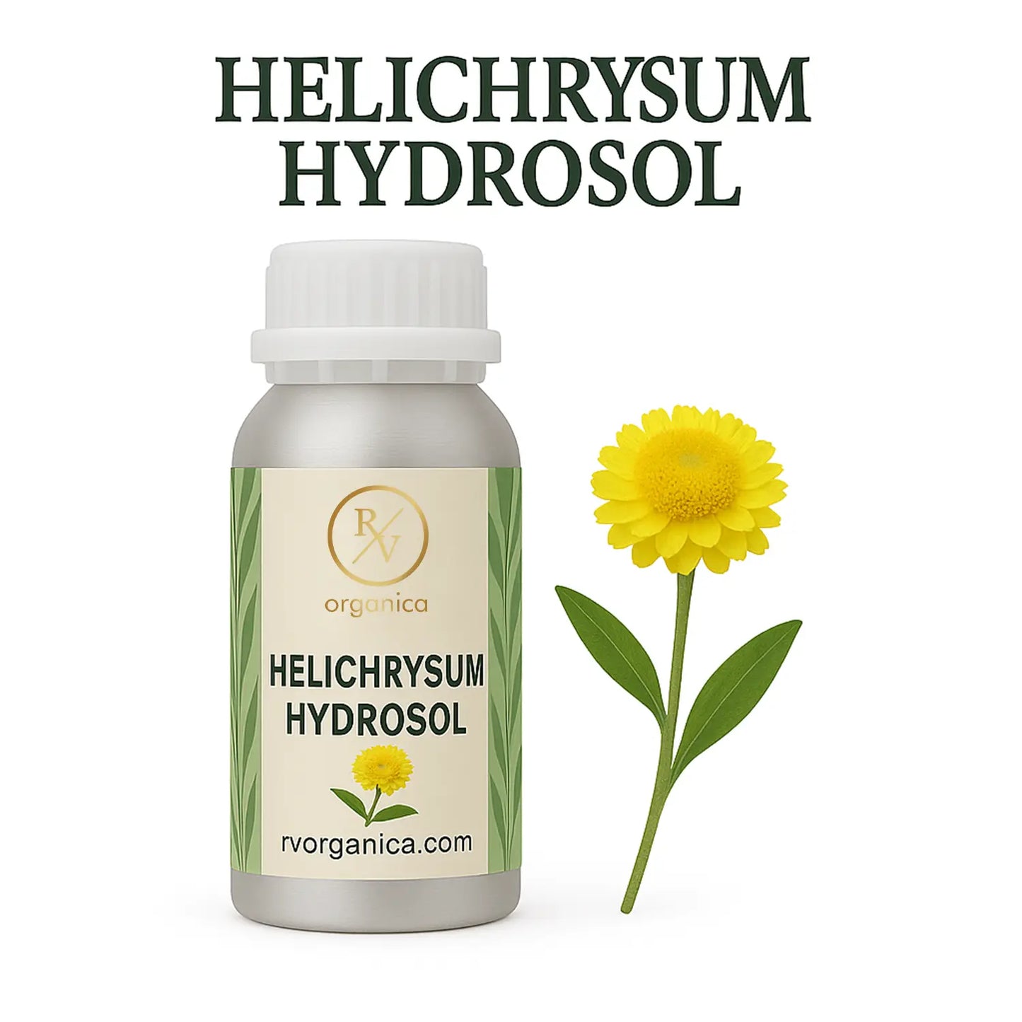 A bottle of Helichrysum Hydrosol with a label displaying the product name and a Helichrysum flower next to it.