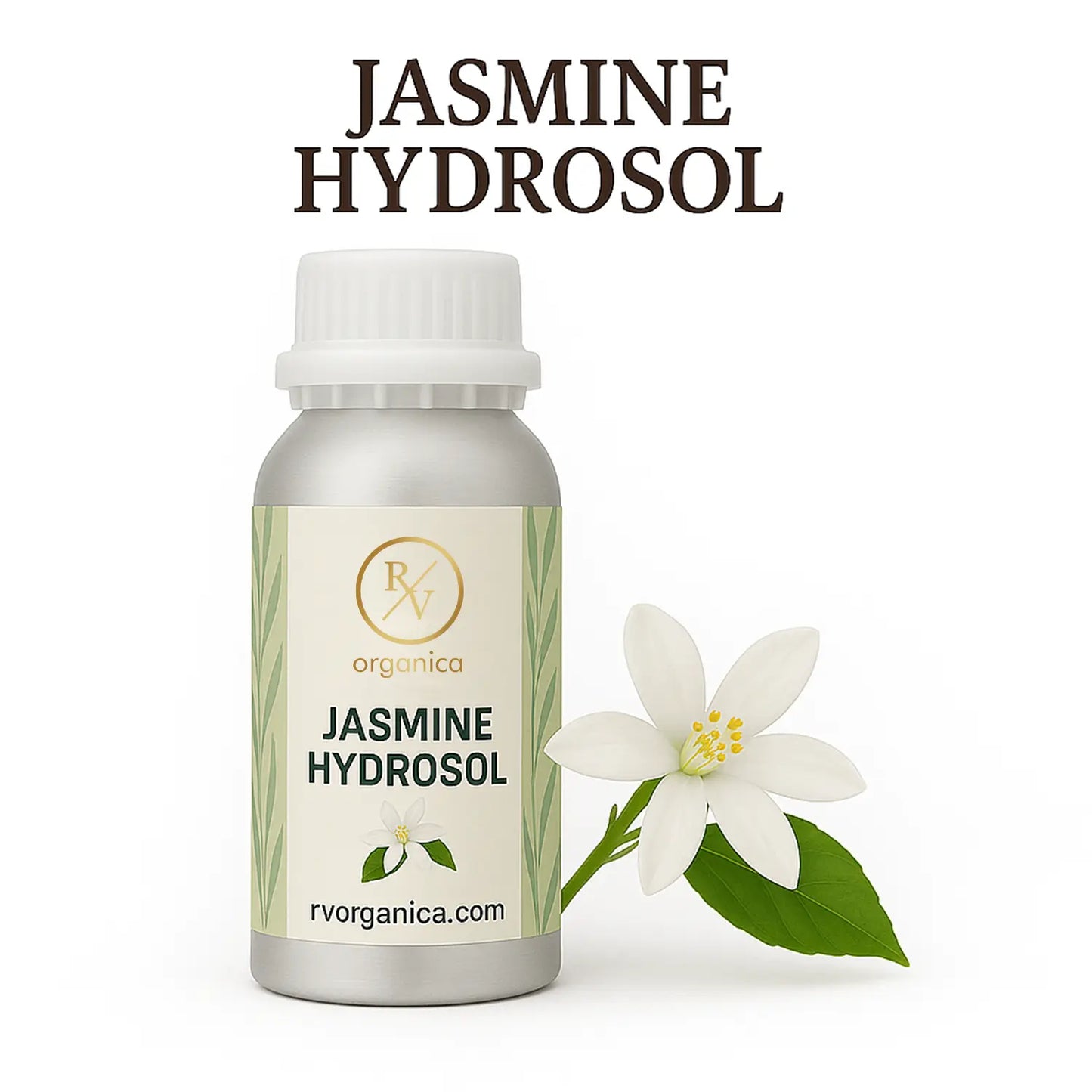 A bottle of Jasmine Hydrosol with a white label, next to a jasmine flower, indicating the product name and website.