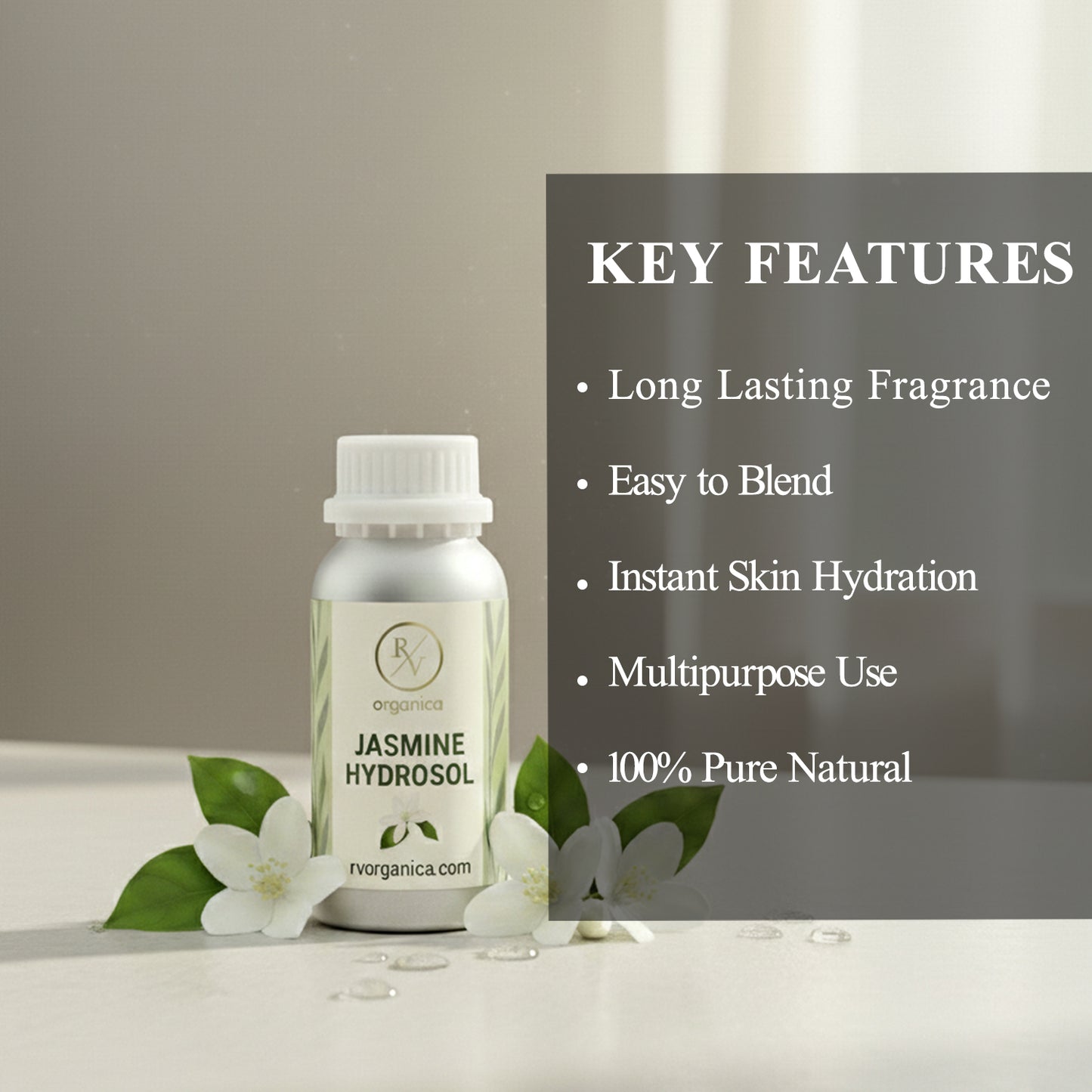 Lightweight Jasmine Hydrosol face mist with long lasting floral fragrance, multipurpose water based natural skincare product