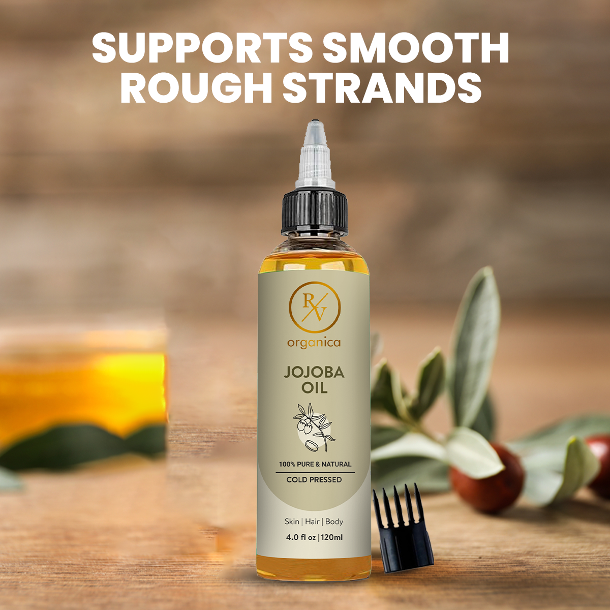 RV Organica Jojoba Oil 120ml with comb and jojoba seeds - supports smooth rough hair strands